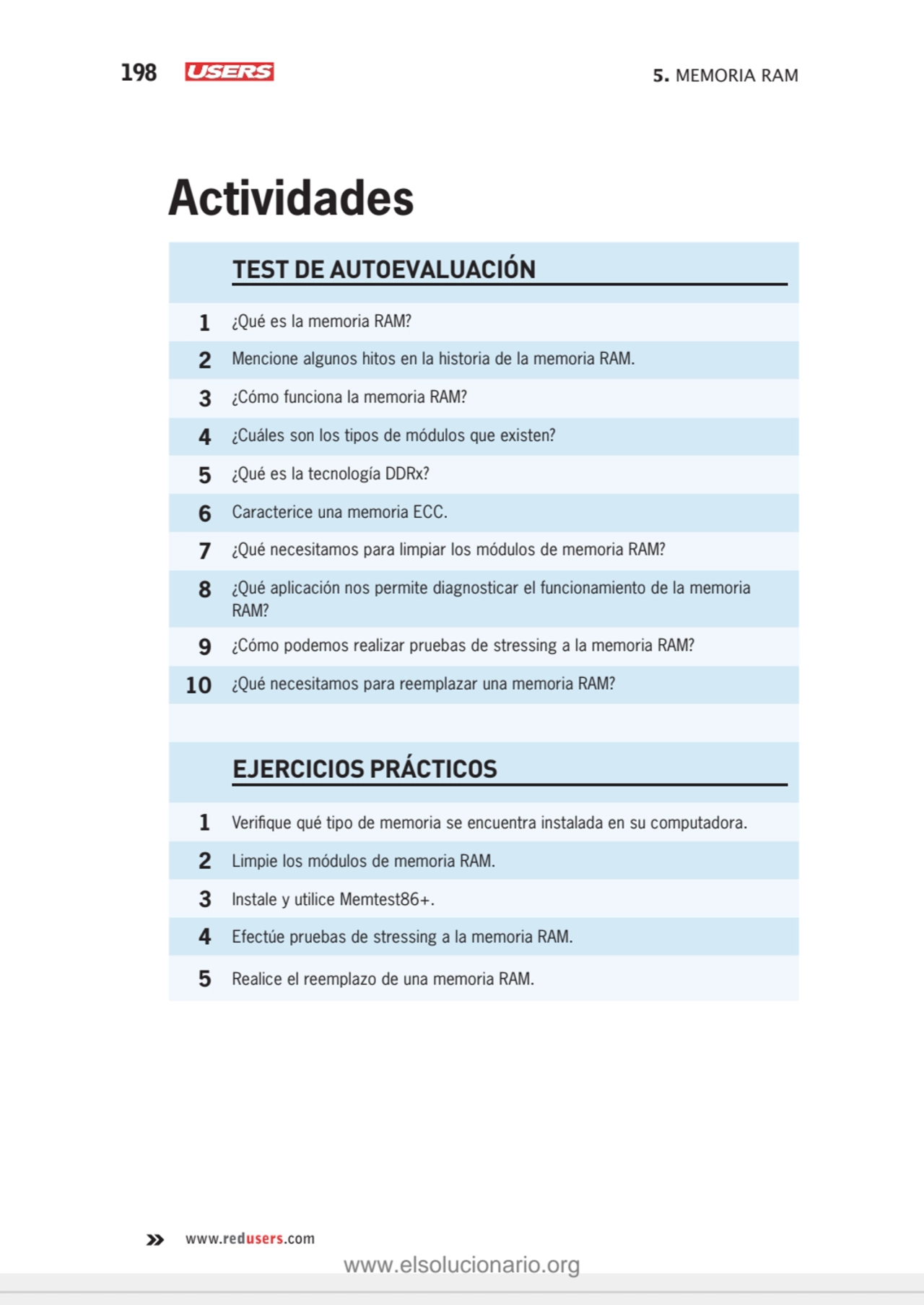 198 5. MEMORIA RAM
www.redusers.com
TEST DE AUTOEVALUACIÓN
1 ¿Qué es la memoria RAM?
2 Mencione…