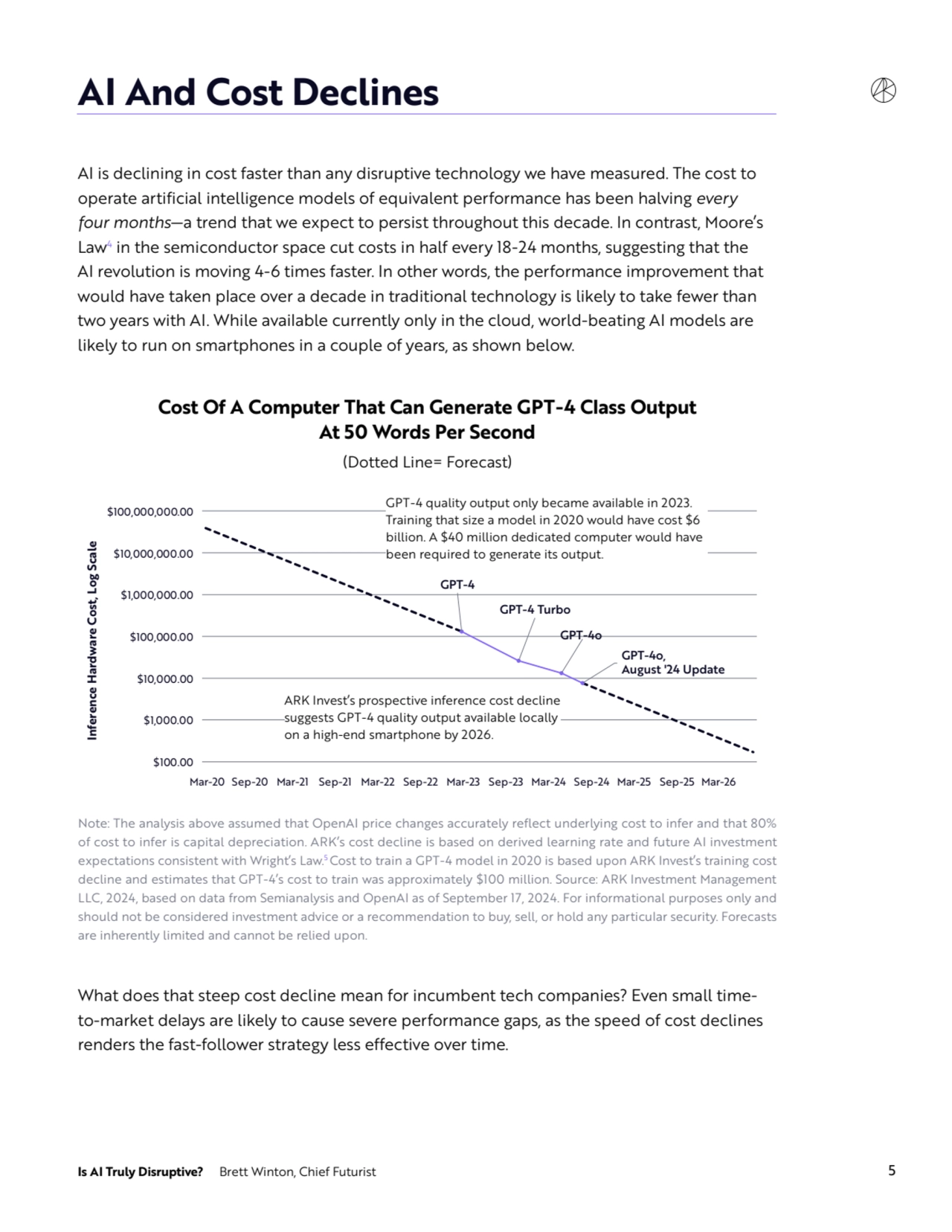 Is AI Truly Disruptive? Brett Winton, Chief Futurist 5
AI And Cost Declines 
AI is declining in cost faster than any disruptive technology we have measured. The cost to 
operate artificial intelligence models of equivalent performance has been halving every 
four months—a trend that we expect to persist throughout this decade. In contrast, Moore’s 
Law4 in the semiconductor space cut costs in half every 18-24 months, suggesting that the 
AI revolution is moving 4-6 times faster. In other words, the performance improvement that 
would have taken place over a decade in traditional technology is likely to take fewer than 
two years with AI. While available currently only in the cloud, world-beating AI models are 
likely to run on smartphones in a couple of years, as shown below. 
GPT-4
GPT-4o,
August '24 Update 
GPT-4 Turbo
GPT-4o
$100.00
$1,000.00
$10,000.00
$100,000.00
$1,000,000.00
$10,000,000.00
$100,000,000.00
Mar-20 Sep-20 Mar-21 Sep-21 Mar-22 Sep-22 Mar-23 Sep-23 Mar-24 Sep-24 Mar-25 Sep-25 Mar-26
Inference Hardware Cost, Log Scale
GPT-4 quality output only became available in 2023. 
Training that size a model in 2020 would have cost $6 
billion. A $40 million dedicated computer would have 
been required to generate its output.
ARK Invest’s prospective inference cost decline 
suggests GPT-4 quality output available locally 
on a high-end smartphone by 2026.
Cost Of A Computer That Can Generate GPT-4 Class Output
At 50 Words Per Second
(Dotted Line= Forecast)
Note: The analysis above assumed that OpenAI price changes accurately reflect underlying cost to infer and that 80% 
of cost to infer is capital depreciation. ARK’s cost decline is based on derived learning rate and future AI investment 
expectations consistent with Wright’s Law.5Cost to train a GPT-4 model in 2020 is based upon ARK Invest’s training cost 
decline and estimates that GPT-4’s cost to train was approximately $100 million. Source: ARK Investment Management 
LLC, 2024, based on data from Semianalysis and OpenAI as of September 17, 2024. For informational purposes only and 
should not be considered investment advice or a recommendation to buy, sell, or hold any particular security. Forecasts 
are inherently limited and cannot be relied upon.
What does that steep cost decline mean for incumbent tech companies? Even small timeto-market delays are likely to cause severe performance gaps, as the speed of cost declines 
renders the fast-follower strategy less effective over time.