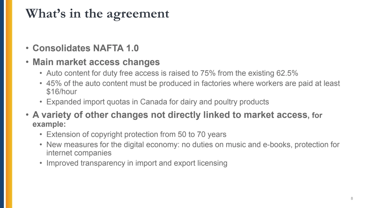 • Consolidates NAFTA 1.0
• Main market access changes
• Auto content for duty free access is rais…