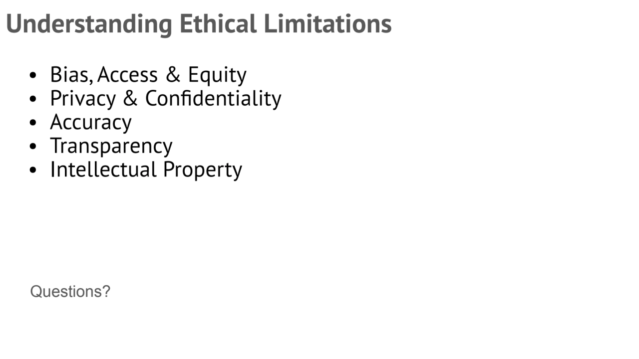 • Bias, Access & Equity
• Privacy & Confidentiality
• Accuracy
• Transparency
• Intellectual Pr…