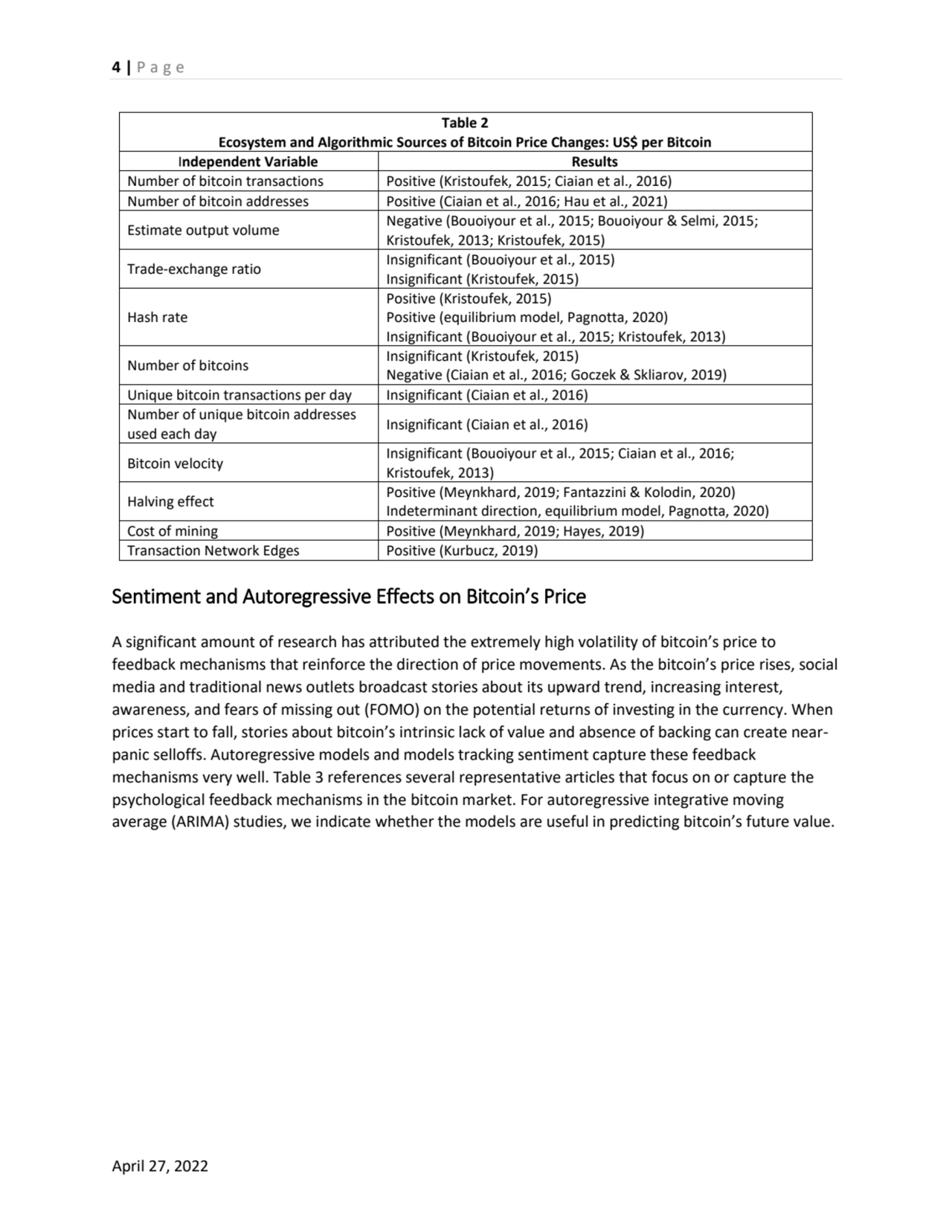 4 | P a g e
April 27, 2022
Table 2
Ecosystem and Algorithmic Sources of Bitcoin Price Changes: U…