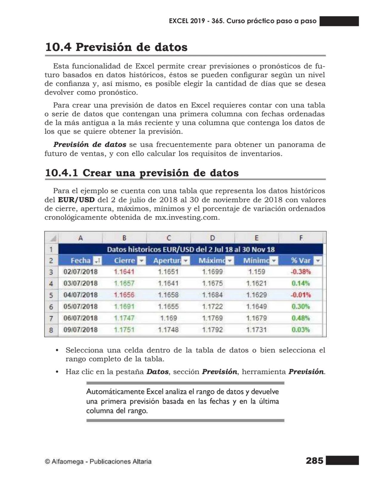 285
10.4 Previsión de datos
Esta funcionalidad de Excel permite crear previsiones o pronósticos d…