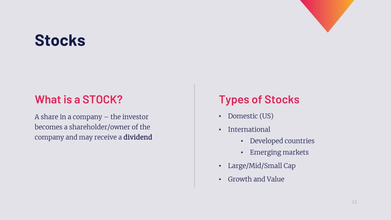 12
Stocks
A share in a company – the investor 
becomes a shareholder/owner of the 
company and …