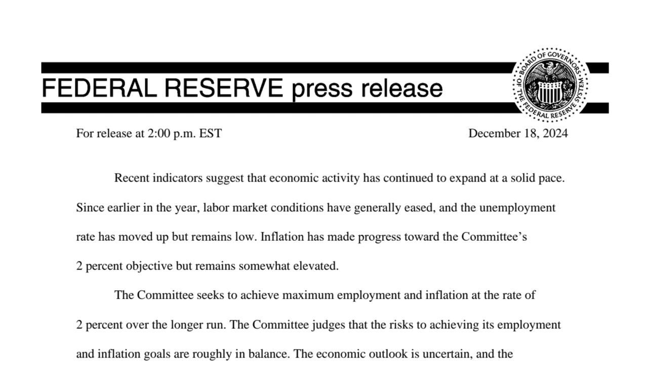 Federal Reserve issues FOMC statement Dec 18 ,2024