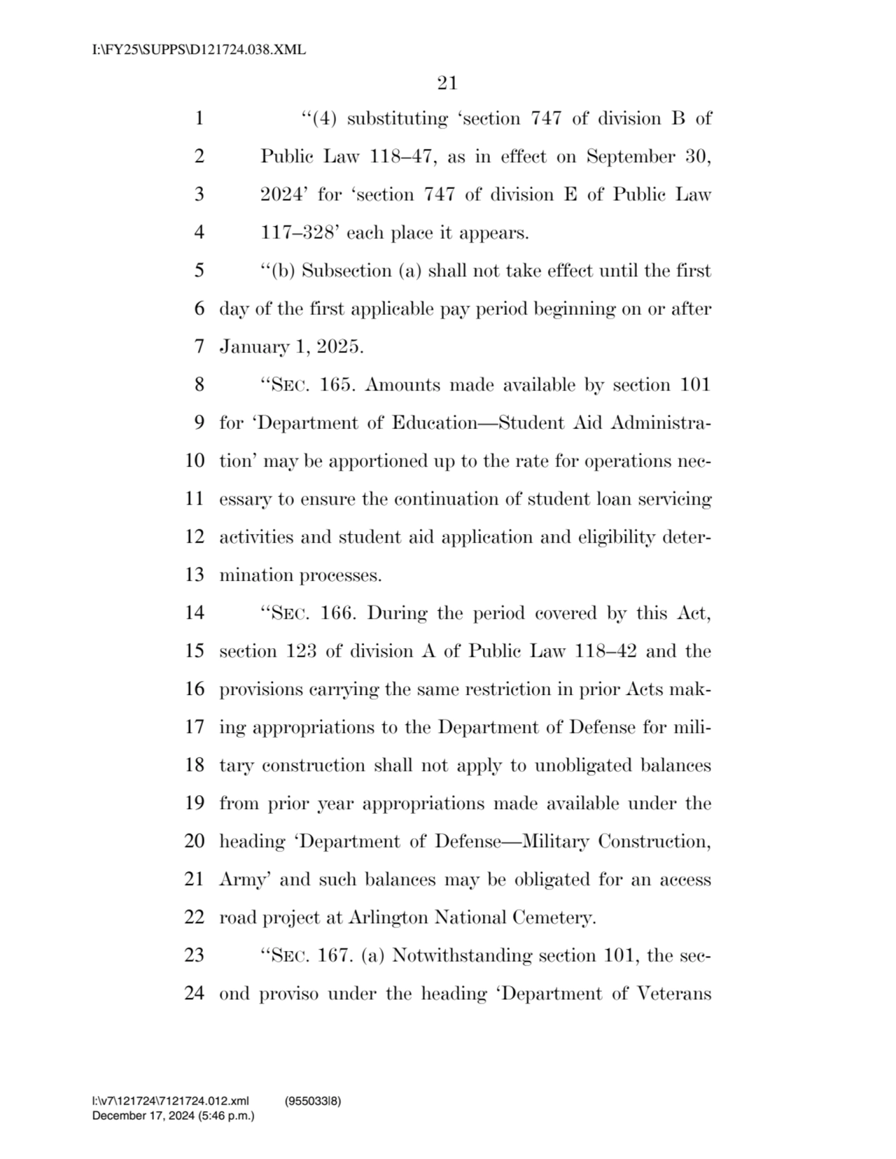 21 
1 ‘‘(4) substituting ‘section 747 of division B of 
2 Public Law 118–47, as in effect on Sept…