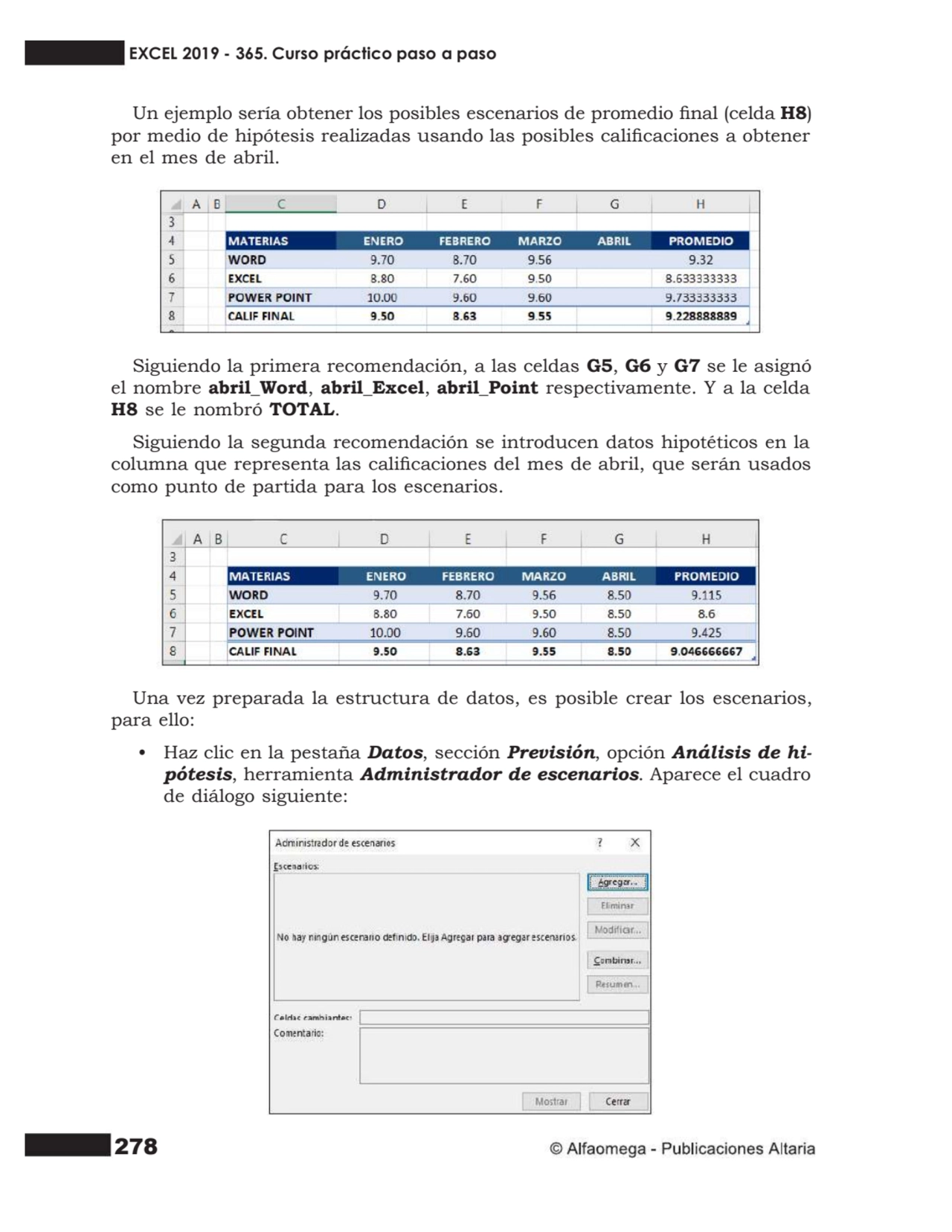 278
Un ejemplo sería obtener los posibles escenarios de promedio nal (celda H8)
por medio de hip…