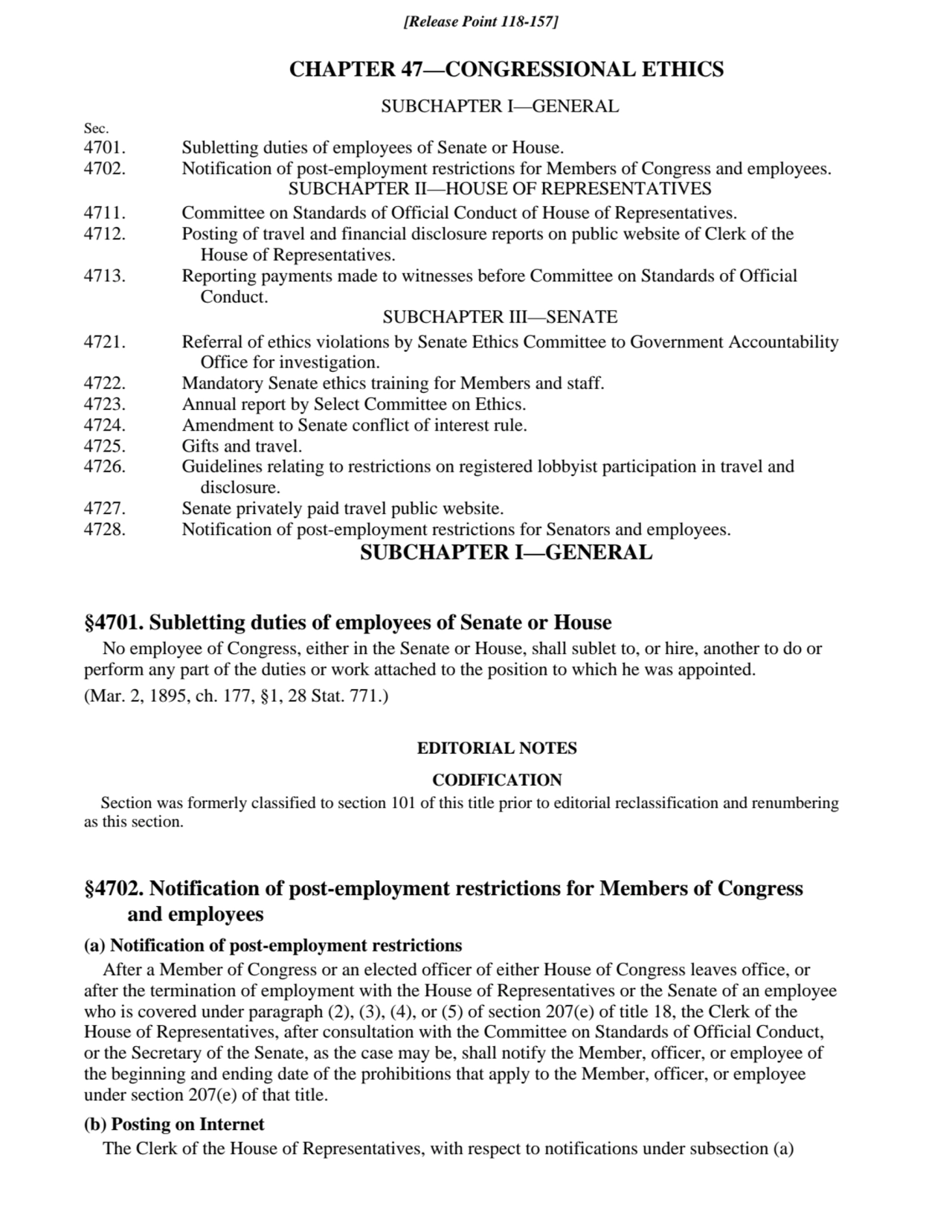 4728. Notification of post-employment restrictions for Senators and employees.
4727. Senate privat…