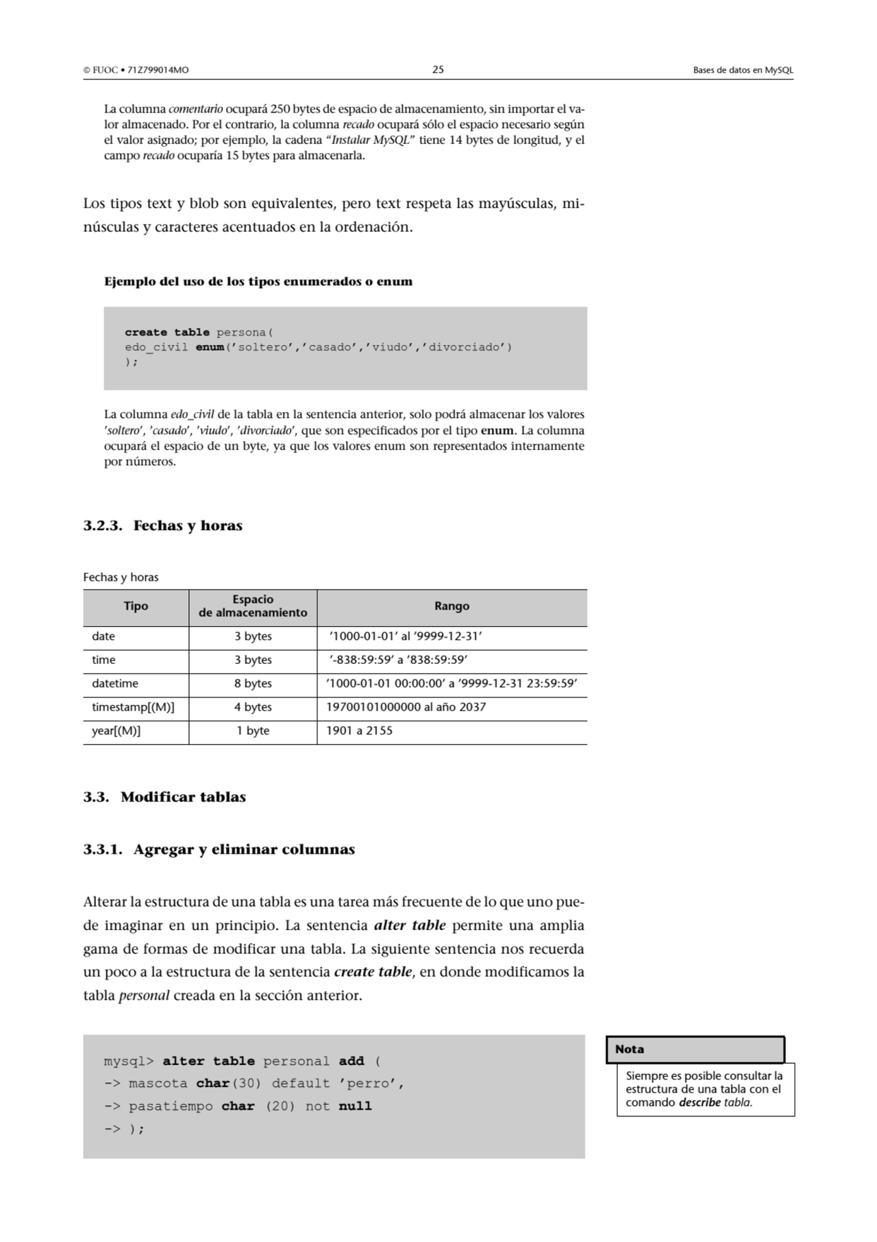  FUOC • 71Z799014MO 25 Bases de datos en MySQL
La columna comentario ocupará 250 bytes de espacio…