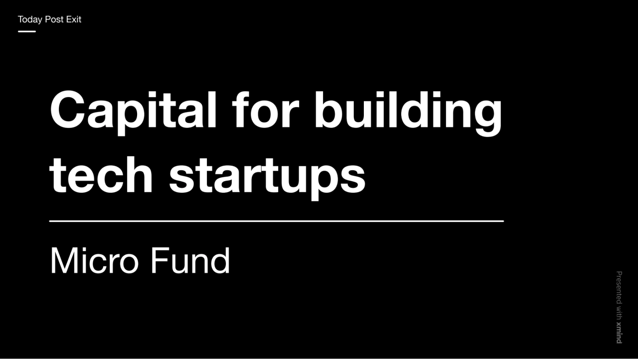 Capital for building
tech startups
Micro Fund
Today Post Exit