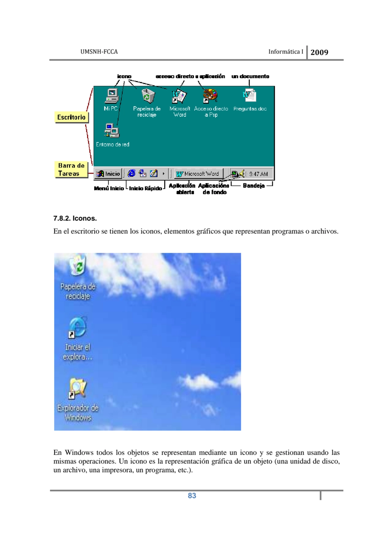 UMSNH-FCCA Informática 
 
7.8.2. Iconos. 
En el escritorio se tienen los iconos, elementos gráfi…