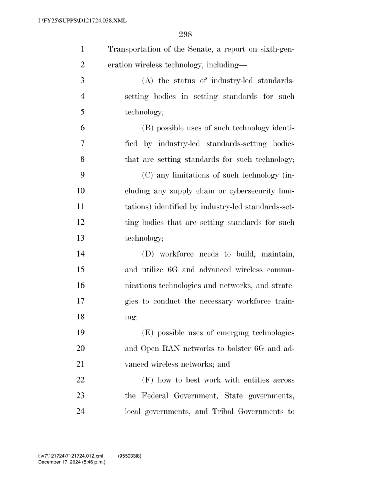 298 
1 Transportation of the Senate, a report on sixth-gen2 eration wireless technology, includin…