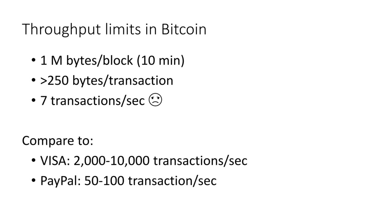 Throughput limits in Bitcoin
• 1 M bytes/block (10 min)
• >250 bytes/transaction
• 7 transaction…