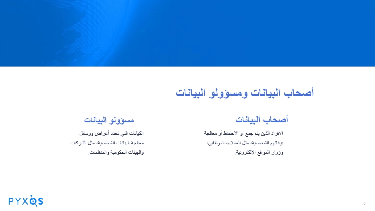 مسؤولو البیانات
الكیانات التي تحدد أغراض ووسائل
معالجة البیانات الشخصیة، مثل الشركات
والھیئات …