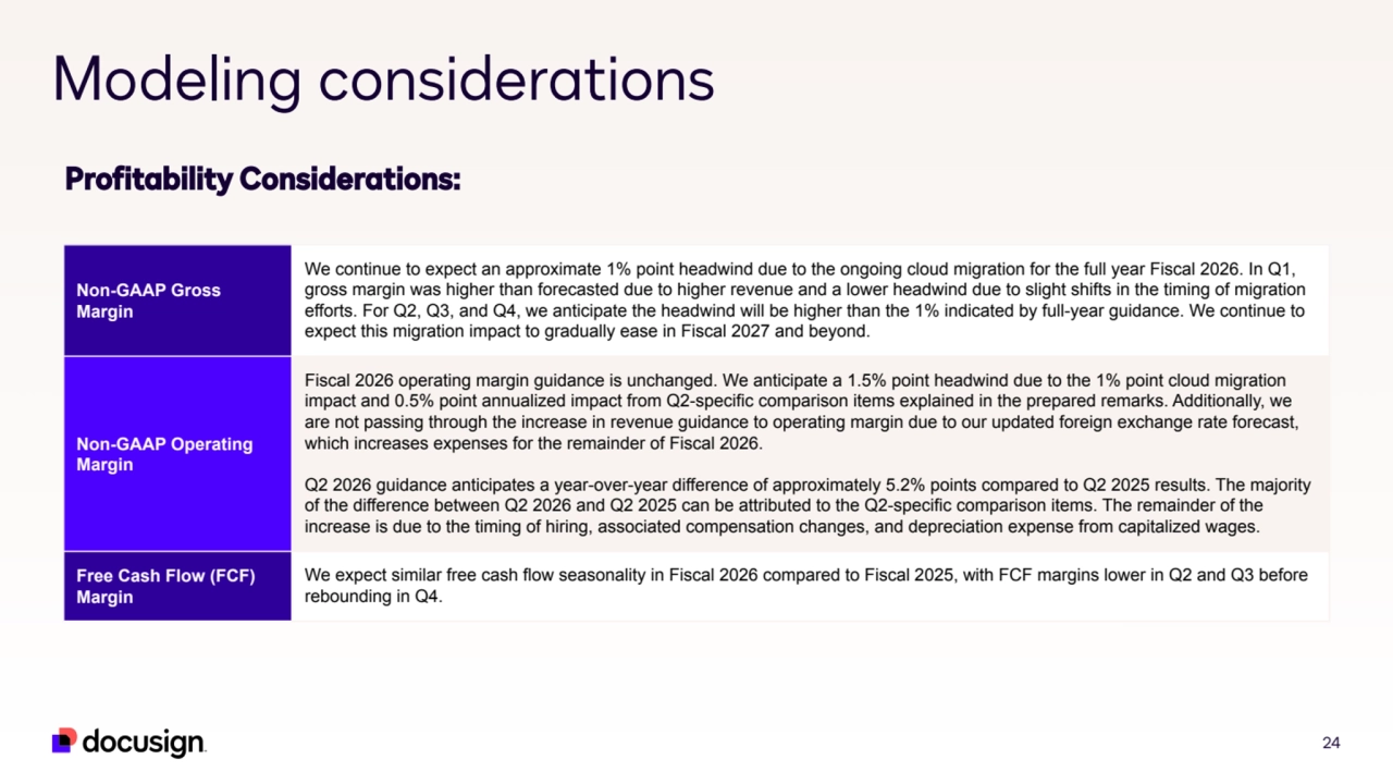 24
Modeling considerations
Profitability Considerations:
Non-GAAP Gross 
Margin
We continue to expect an approximate 1% point headwind due to the ongoing cloud migration for the full year Fiscal 2026. In Q1, 
gross margin was higher than forecasted due to higher revenue and a lower headwind due to slight shifts in the timing of migration 
efforts. For Q2, Q3, and Q4, we anticipate the headwind will be higher than the 1% indicated by full-year guidance. We continue to 
expect this migration impact to gradually ease in Fiscal 2027 and beyond.
Non-GAAP Operating 
Margin
Fiscal 2026 operating margin guidance is unchanged. We anticipate a 1.5% point headwind due to the 1% point cloud migration 
impact and 0.5% point annualized impact from Q2-specific comparison items explained in the prepared remarks. Additionally, we 
are not passing through the increase in revenue guidance to operating margin due to our updated foreign exchange rate forecast, 
which increases expenses for the remainder of Fiscal 2026.
Q2 2026 guidance anticipates a year-over-year difference of approximately 5.2% points compared to Q2 2025 results. The majority 
of the difference between Q2 2026 and Q2 2025 can be attributed to the Q2-specific comparison items. The remainder of the 
increase is due to the timing of hiring, associated compensation changes, and depreciation expense from capitalized wages.
Free Cash Flow (FCF) 
Margin
We expect similar free cash flow seasonality in Fiscal 2026 compared to Fiscal 2025, with FCF margins lower in Q2 and Q3 before 
rebounding in Q4.