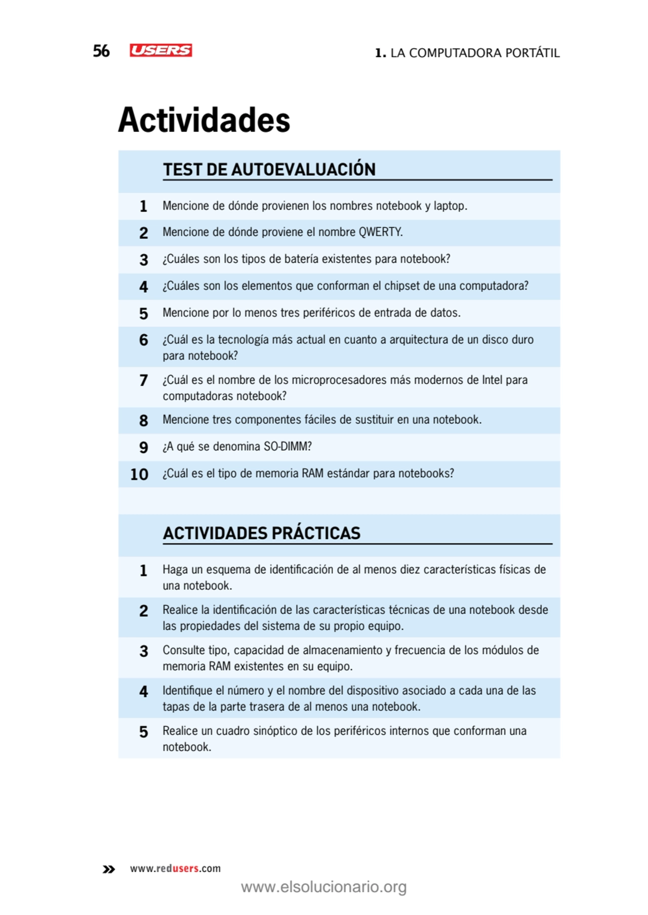 56 1. La computadora portátil
www.redusers.com
Actividades
TEST DE AUTOEVALUACIÓN
1 Mencione de…