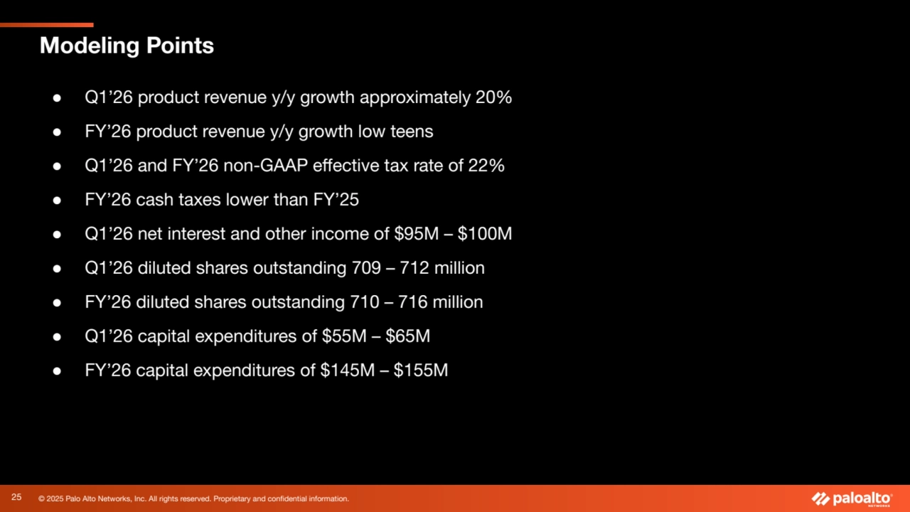 © 2025 Palo Alto Networks, Inc. All rights reserved. Proprietary and confidential information.
Modeling Points
● Q1’26 product revenue y/y growth approximately 20%
● FY’26 product revenue y/y growth low teens
● Q1’26 and FY’26 non-GAAP effective tax rate of 22%
● FY’26 cash taxes lower than FY’25
● Q1’26 net interest and other income of $95M – $100M
● Q1’26 diluted shares outstanding 709 – 712 million
● FY’26 diluted shares outstanding 710 – 716 million
● Q1’26 capital expenditures of $55M – $65M
● FY’26 capital expenditures of $145M – $155M
25