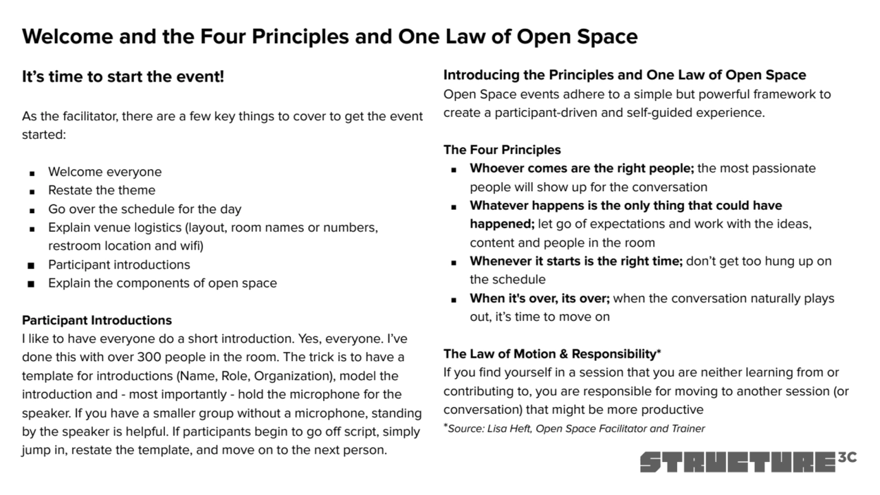 Welcome and the Four Principles and One Law of Open Space
It’s time to start the event! 
As the f…