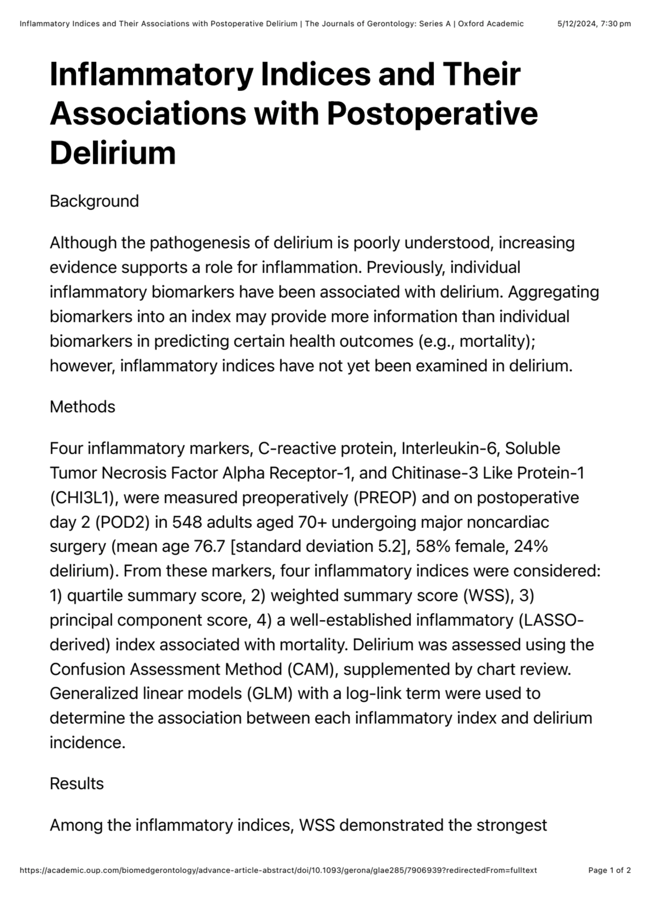 Inflammatory Indices and Their Associations with Postoperative Delirium | The Journals of Gerontology: Series A | Oxford Academic