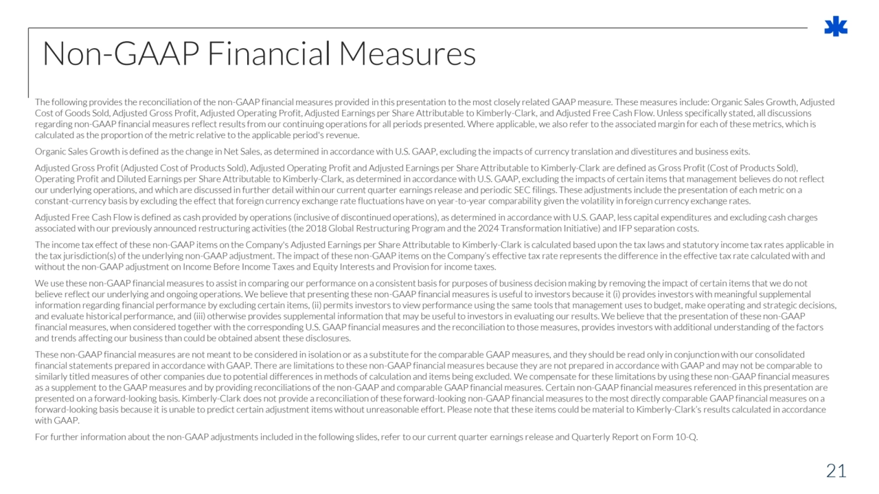 The following provides the reconciliation of the non-GAAP financial measures provided in this presentation to the most closely related GAAP measure. These measures include: Organic Sales Growth, Adjusted 
Cost of Goods Sold, Adjusted Gross Profit, Adjusted Operating Profit, Adjusted Earnings per Share Attributable to Kimberly-Clark, and Adjusted Free Cash Flow. Unless specifically stated, all discussions 
regarding non-GAAP financial measures reflect results from our continuing operations for all periods presented. Where applicable, we also refer to the associated margin for each of these metrics, which is 
calculated as the proportion of the metric relative to the applicable period's revenue. 
Organic Sales Growth is defined as the change in Net Sales, as determined in accordance with U.S. GAAP, excluding the impacts of currency translation and divestitures and business exits. 
Adjusted Gross Profit (Adjusted Cost of Products Sold), Adjusted Operating Profit and Adjusted Earnings per Share Attributable to Kimberly-Clark are defined as Gross Profit (Cost of Products Sold), 
Operating Profit and Diluted Earnings per Share Attributable to Kimberly-Clark, as determined in accordance with U.S. GAAP, excluding the impacts of certain items that management believes do not reflect 
our underlying operations, and which are discussed in further detail within our current quarter earnings release and periodic SEC filings. These adjustments include the presentation of each metric on a 
constant-currency basis by excluding the effect that foreign currency exchange rate fluctuations have on year-to-year comparability given the volatility in foreign currency exchange rates.
Adjusted Free Cash Flow is defined as cash provided by operations (inclusive of discontinued operations), as determined in accordance with U.S. GAAP, less capital expenditures and excluding cash charges 
associated with our previously announced restructuring activities (the 2018 Global Restructuring Program and the 2024 Transformation Initiative) and IFP separation costs.
The income tax effect of these non-GAAP items on the Company's Adjusted Earnings per Share Attributable to Kimberly-Clark is calculated based upon the tax laws and statutory income tax rates applicable in 
the tax jurisdiction(s) of the underlying non-GAAP adjustment. The impact of these non-GAAP items on the Company’s effective tax rate represents the difference in the effective tax rate calculated with and 
without the non-GAAP adjustment on Income Before Income Taxes and Equity Interests and Provision for income taxes. 
We use these non-GAAP financial measures to assist in comparing our performance on a consistent basis for purposes of business decision making by removing the impact of certain items that we do not 
believe reflect our underlying and ongoing operations. We believe that presenting these non-GAAP financial measures is useful to investors because it (i) provides investors with meaningful supplemental 
information regarding financial performance by excluding certain items, (ii) permits investors to view performance using the same tools that management uses to budget, make operating and strategic decisions, 
and evaluate historical performance, and (iii) otherwise provides supplemental information that may be useful to investors in evaluating our results. We believe that the presentation of these non-GAAP 
financial measures, when considered together with the corresponding U.S. GAAP financial measures and the reconciliation to those measures, provides investors with additional understanding of the factors 
and trends affecting our business than could be obtained absent these disclosures. 
These non-GAAP financial measures are not meant to be considered in isolation or as a substitute for the comparable GAAP measures, and they should be read only in conjunction with our consolidated 
financial statements prepared in accordance with GAAP. There are limitations to these non-GAAP financial measures because they are not prepared in accordance with GAAP and may not be comparable to 
similarly titled measures of other companies due to potential differences in methods of calculation and items being excluded. We compensate for these limitations by using these non-GAAP financial measures 
as a supplement to the GAAP measures and by providing reconciliations of the non-GAAP and comparable GAAP financial measures. Certain non-GAAP financial measures referenced in this presentation are 
presented on a forward-looking basis. Kimberly-Clark does not provide a reconciliation of these forward-looking non-GAAP financial measures to the most directly comparable GAAP financial measures on a 
forward-looking basis because it is unable to predict certain adjustment items without unreasonable effort. Please note that these items could be material to Kimberly-Clark’s results calculated in accordance 
with GAAP.
For further information about the non-GAAP adjustments included in the following slides, refer to our current quarter earnings release and Quarterly Report on Form 10-Q.
21
Non-GAAP Financial Measures