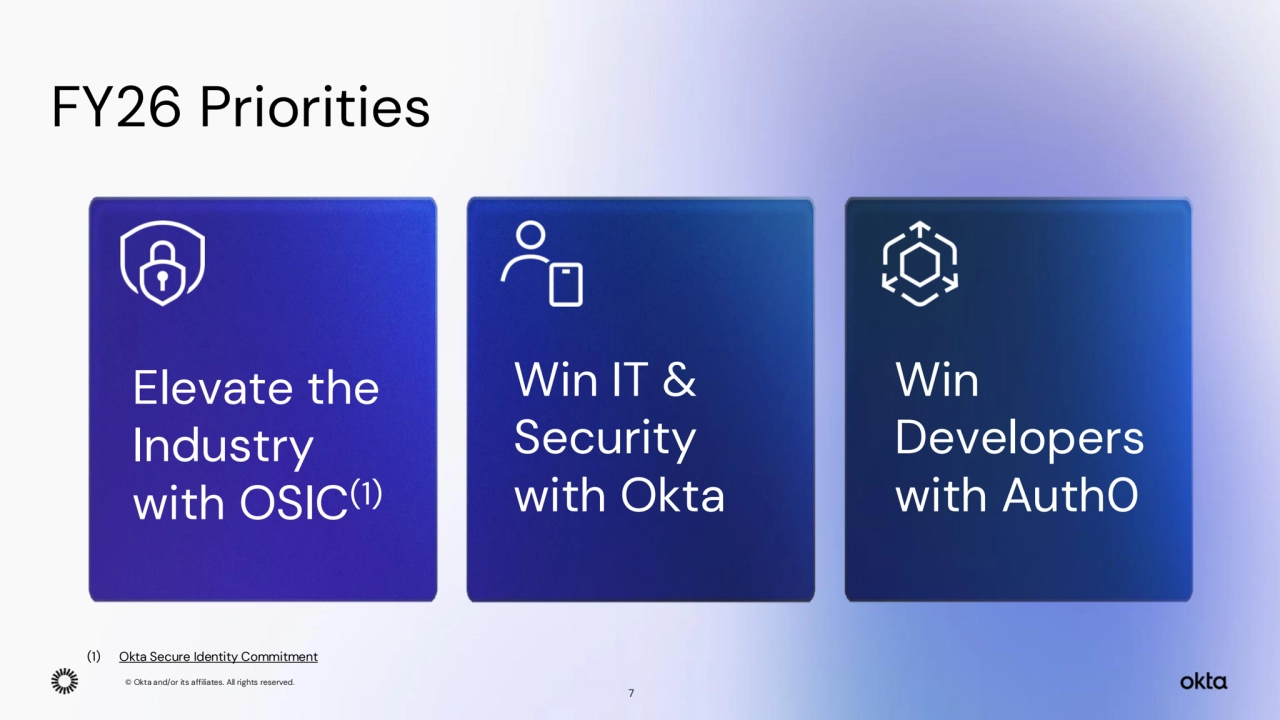 © Okta and/or its affiliates. All rights reserved. Confidential Information of Okta – For Recipient’s Internal Use Only.
Elevate the 
Industry 
with OSIC(1)
Win IT & 
Security 
with Okta
Win 
Developers 
with Auth0
FY26 Priorities
7
(1) Okta Secure Identity Commitment
© Okta and/or its affiliates. All rights reserved. 
