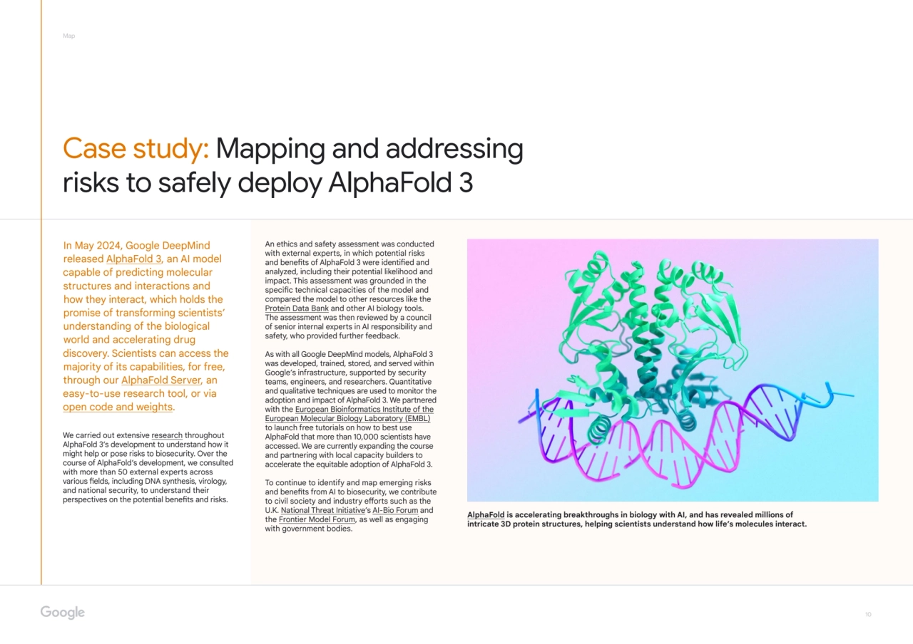 10
Map
Case study: Mapping and addressing
risks to safely deploy AlphaFold 3
We carried out ex…