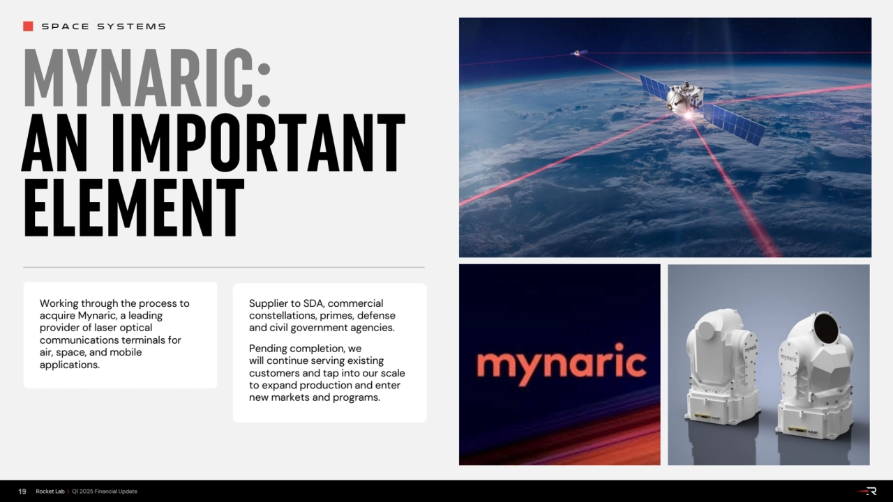 SPACE SYSTEMS
MYNARIC:
AN IMPORTANT
ELEMENT
19 Rocket Lab | Q1 2025 Financial Update
Working t…