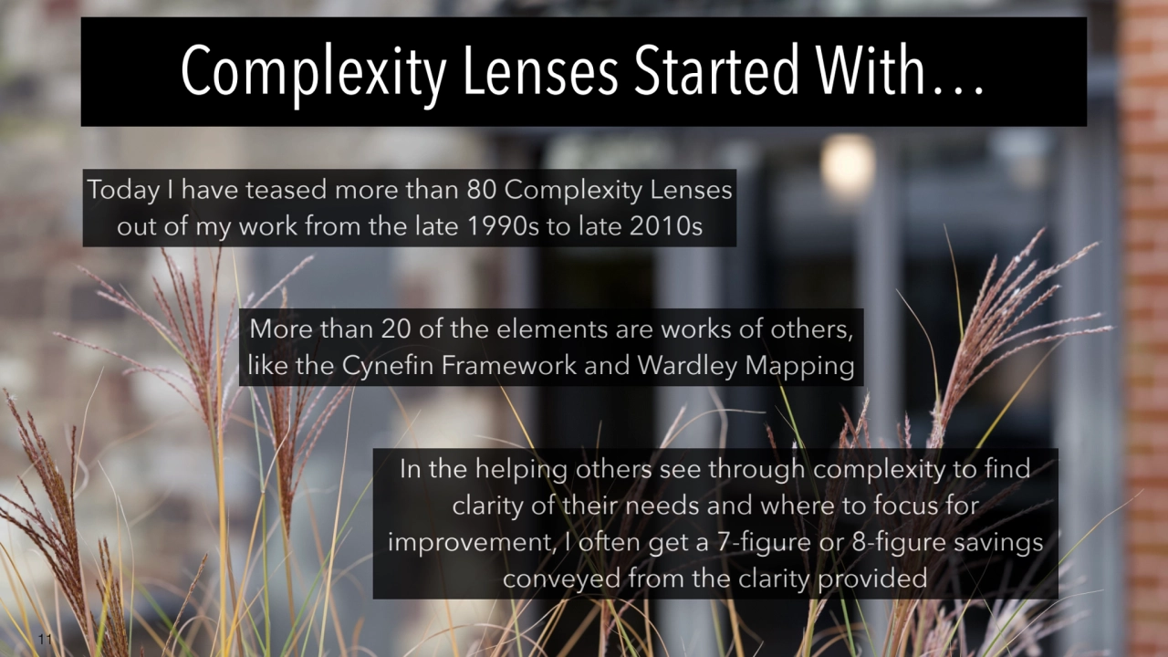 11
Today I have teased more than 80 Complexity Lenses 
out of my work from the late 1990s to late…