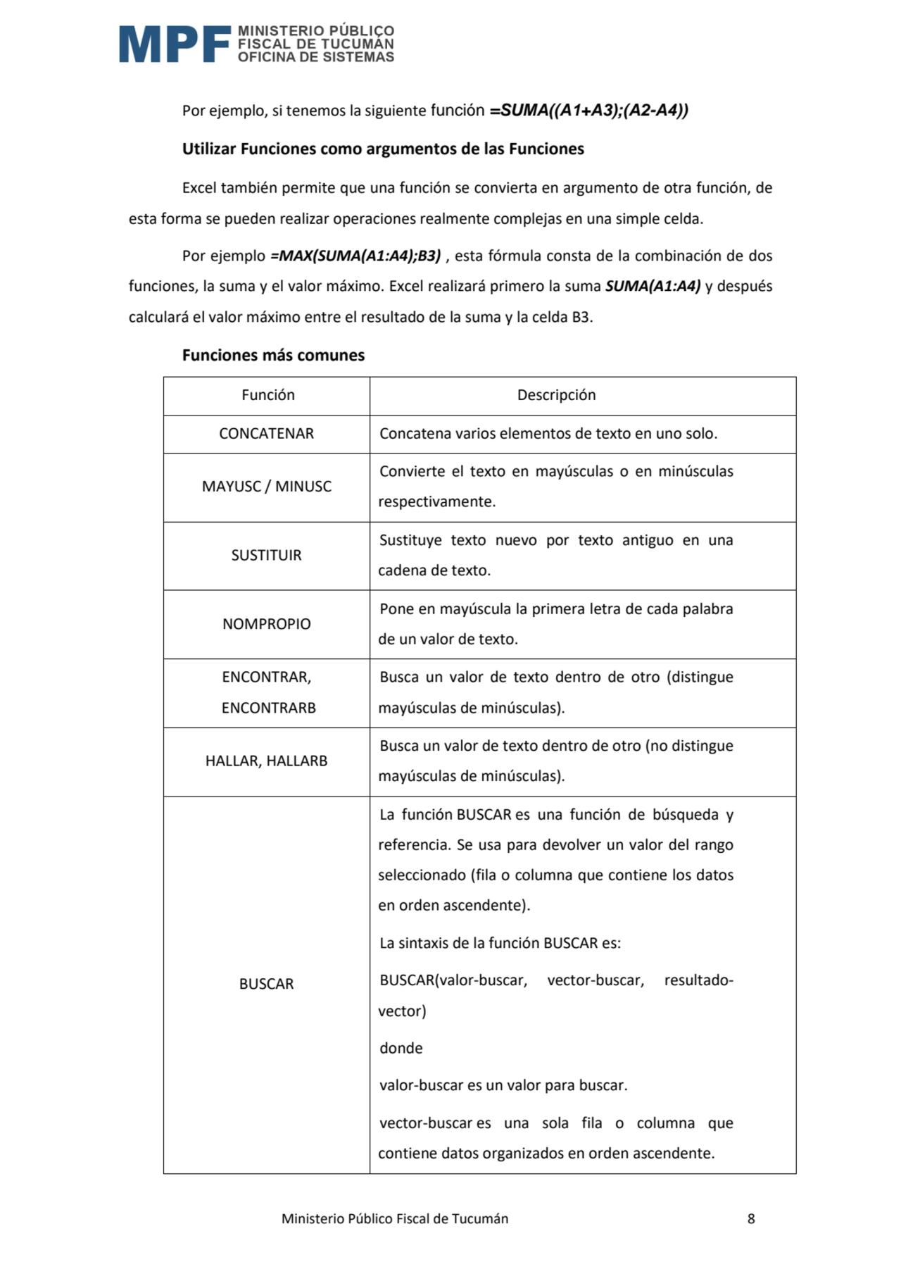  Ministerio Público Fiscal de Tucumán 8
Por ejemplo, si tenemos la siguiente función =SUMA((A1+A3)…