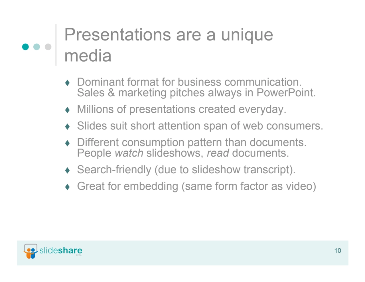 10
Presentations are a unique
media
 Dominant format for business communication.
Sales & marke…