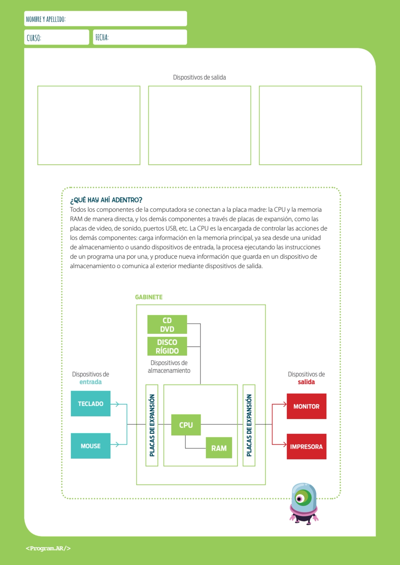 nombre y apellido:
CURSO: FECHA:
Dispositivos de salida
¿QUÉ HAY AHÍ ADENTRO?
Todos los compone…