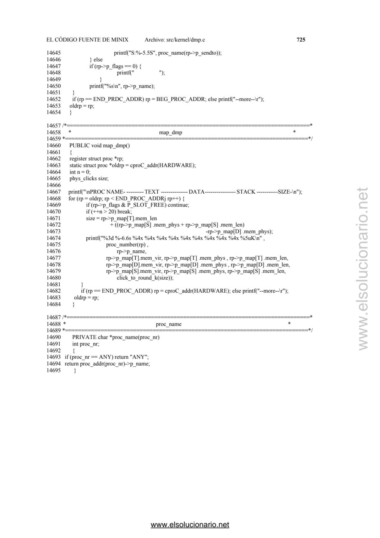 EL CÓDIGO FUENTE DE MINIX Archivo: src/kernel/dmp.c 725 
14645 printf("S:%-5.5S", proc_name(rp->p_…