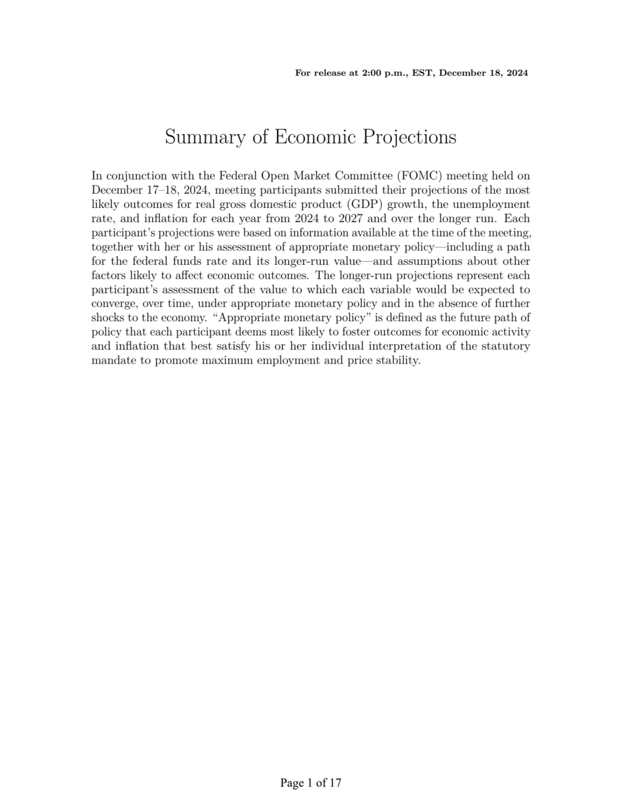 Summary of Economic Projections, December 18, 24 by Federal Reserve to justify lesser rate cuts 2025