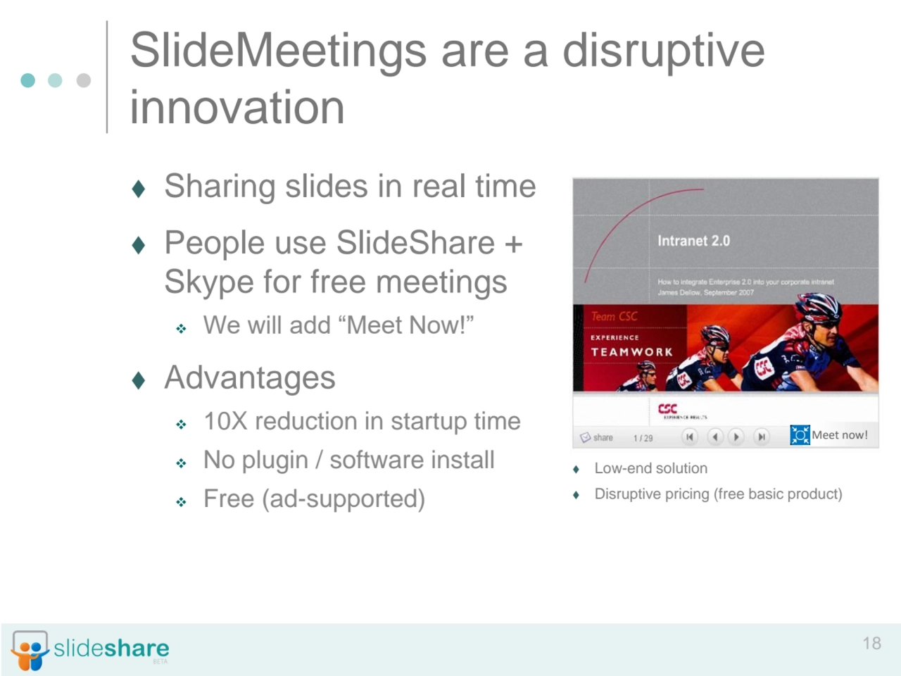 18
SlideMeetings are a disruptive 
innovation
⧫ Sharing slides in real time
⧫ People use SlideS…