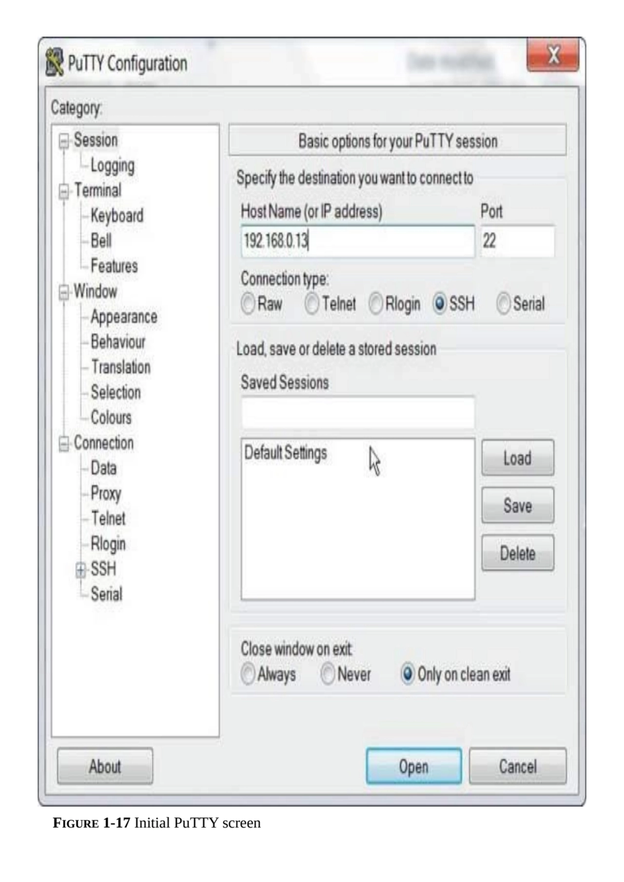 FIGURE 1-17 Initial PuTTY screen