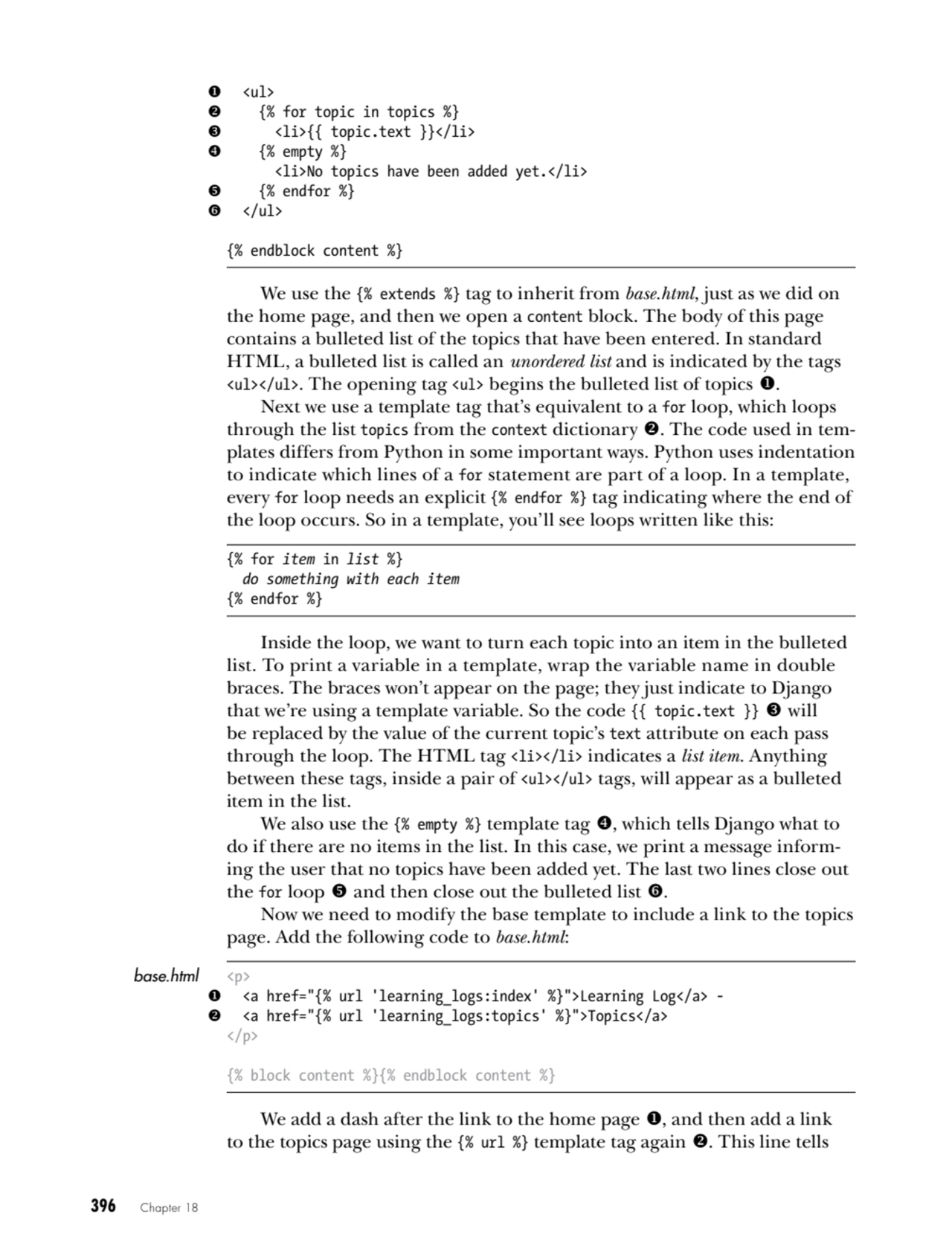 396   Chapter 18
1 <ul>
2 {% for topic in topics %}
3 <li>{{ topic.text }}</li>
4 {% empty %}
…