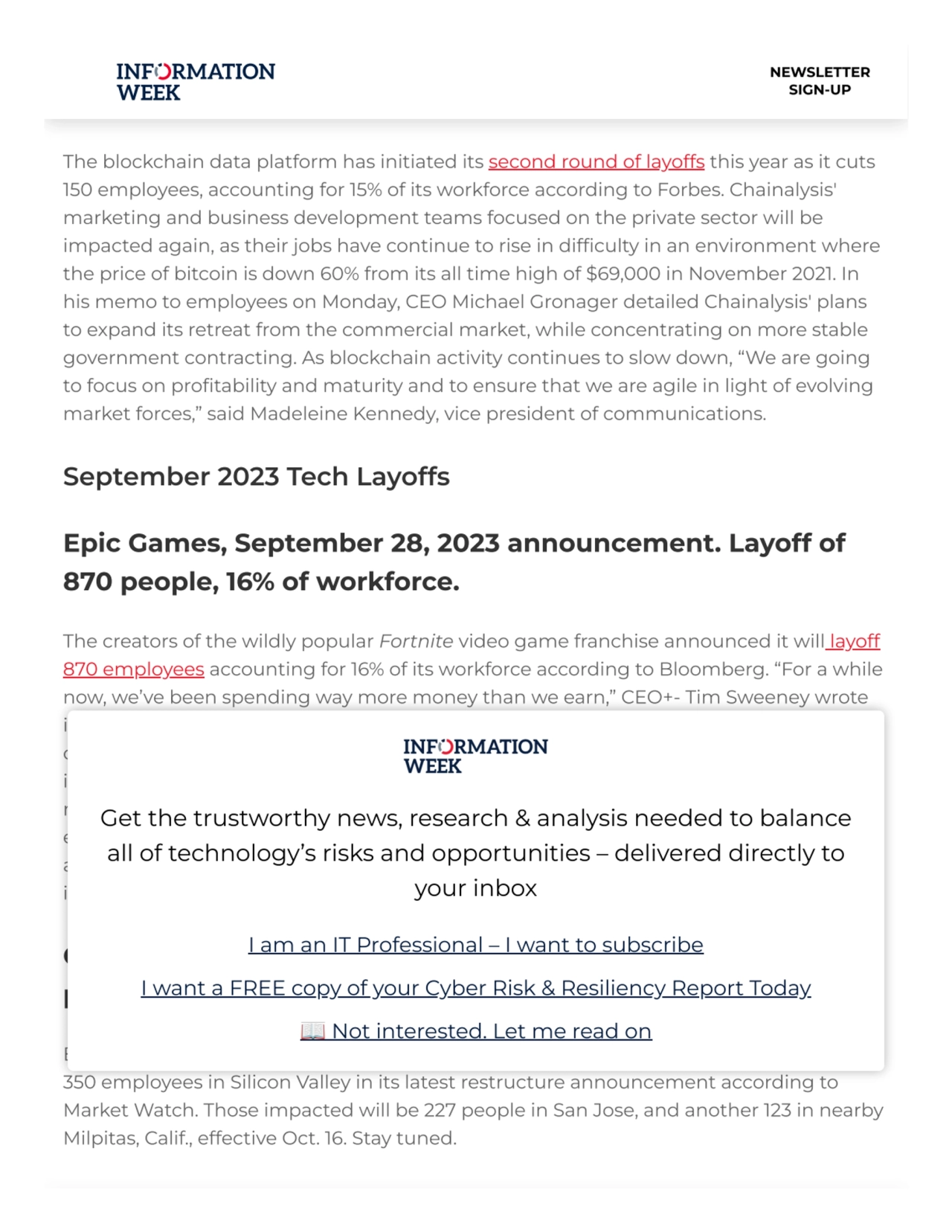 Chainalysis, October 2, 2023 announcement. Layoff of 150
people, 15% of workforce.
The blockchain…