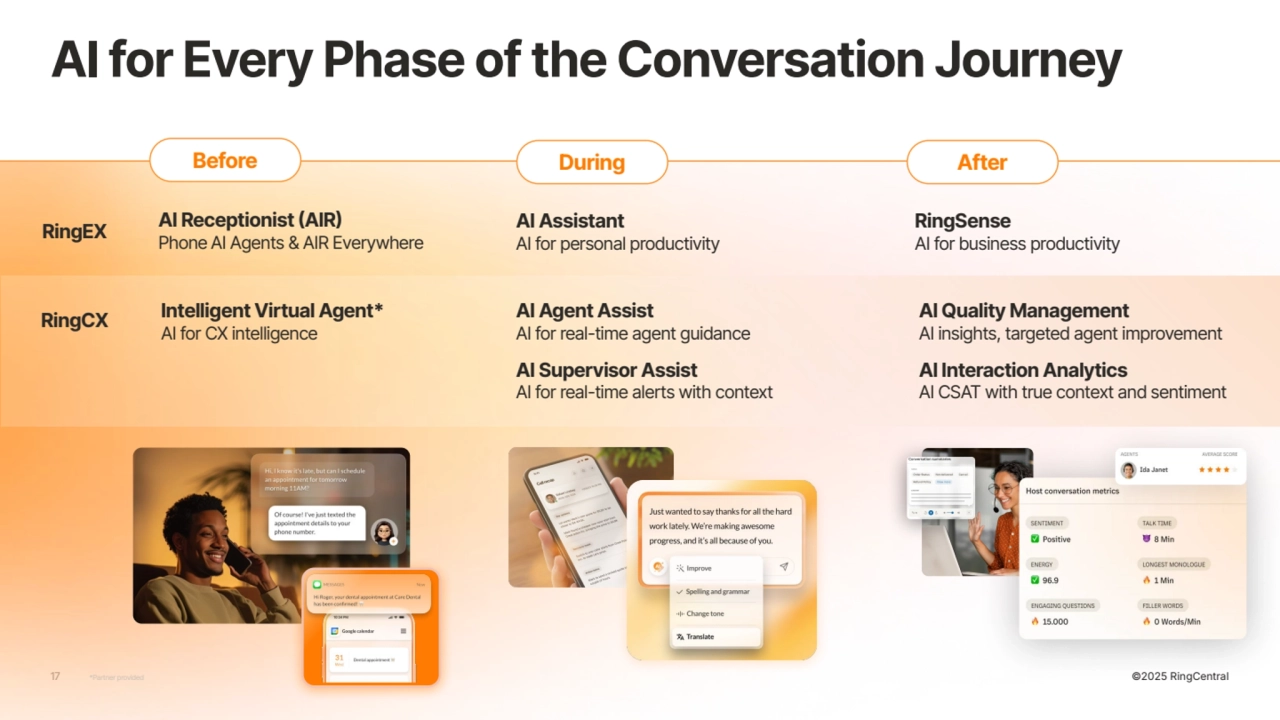 17 ©2025 RingCentral
AI Receptionist (AIR)
Phone AI Agents & AIR Everywhere
Before During
AI Assistant
AI for personal productivity
After
RingSense
AI for business productivity
RingCX
RingEX
Intelligent Virtual Agent*
AI for CX intelligence
*Partner provided
AI Agent Assist
AI for real-time agent guidance
AI Supervisor Assist
AI for real-time alerts with context
AI Quality Management
AI insights, targeted agent improvement
AI Interaction Analytics
AI CSAT with true context and sentiment
AI for Every Phase of the Conversation Journey