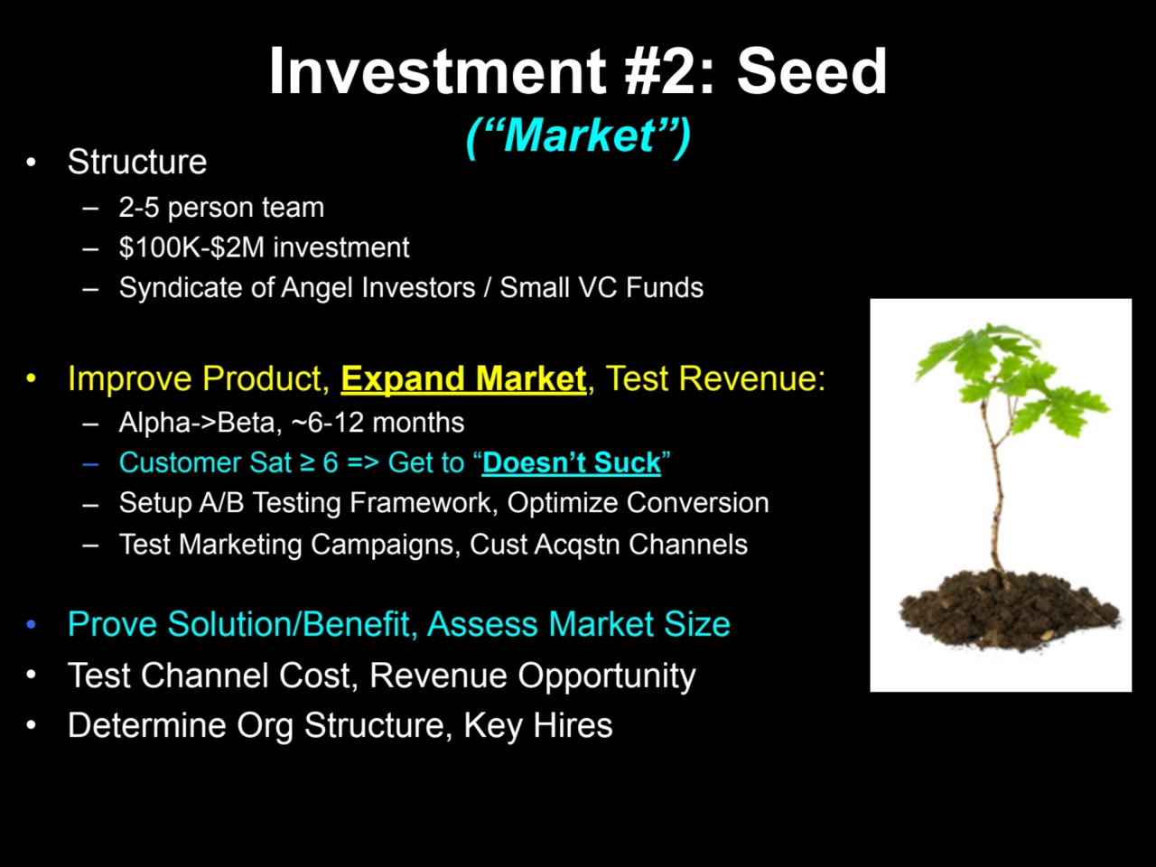 Investment #2: Seed
(“Market”) • Structure
– 2-5 person team
– $100K-$2M investment
– Syndicate…