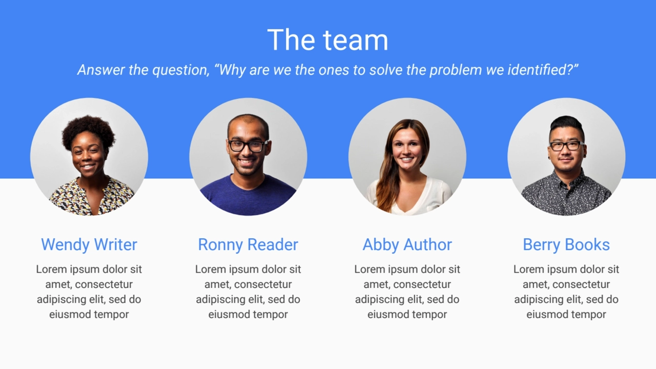 The team
Answer the question, “Why are we the ones to solve the problem we identified?”
Wendy Wri…