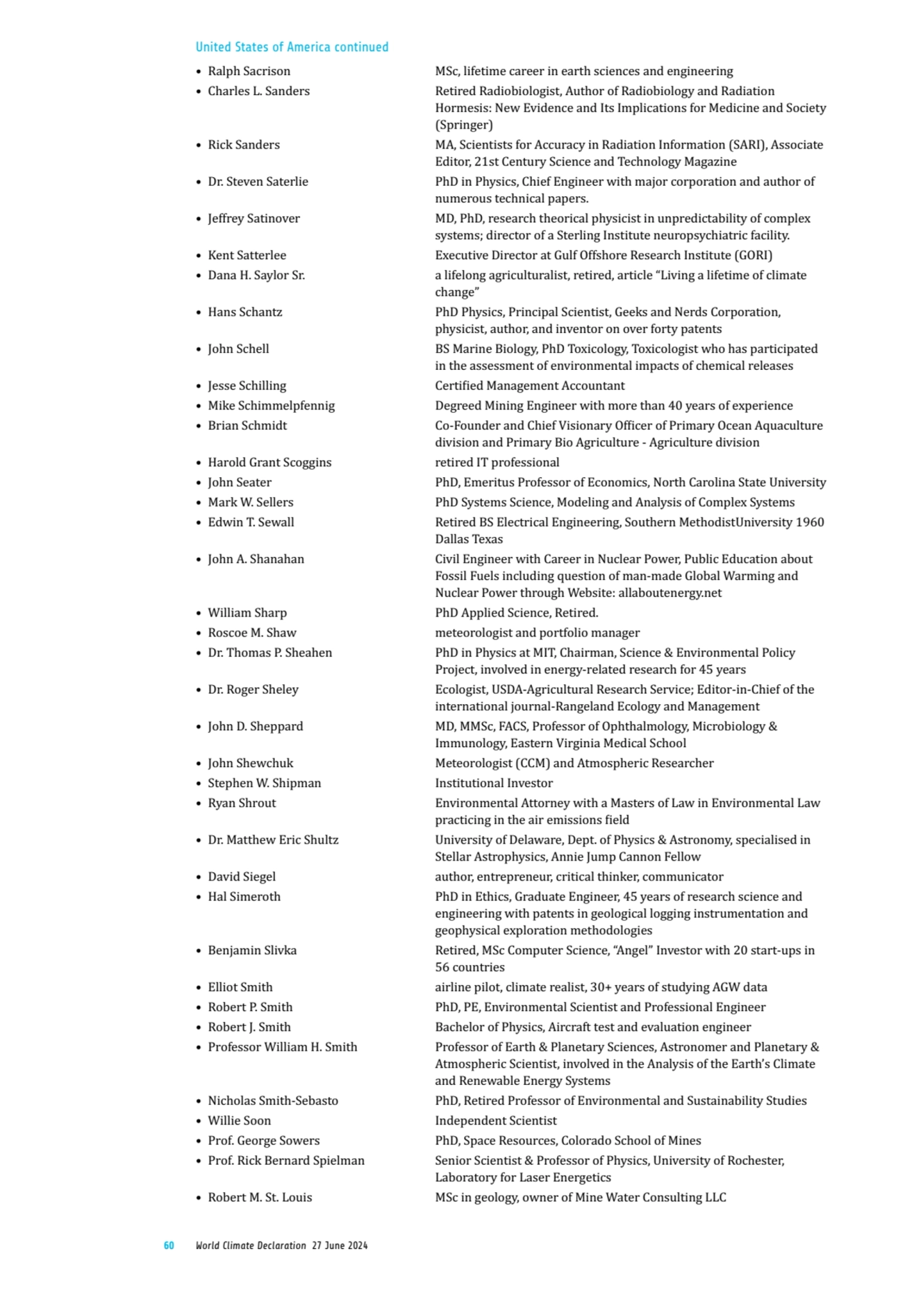 60 World Climate Declaration 27 June 2024
• Ralph Sacrison MSc, lifetime career in earth sciences …