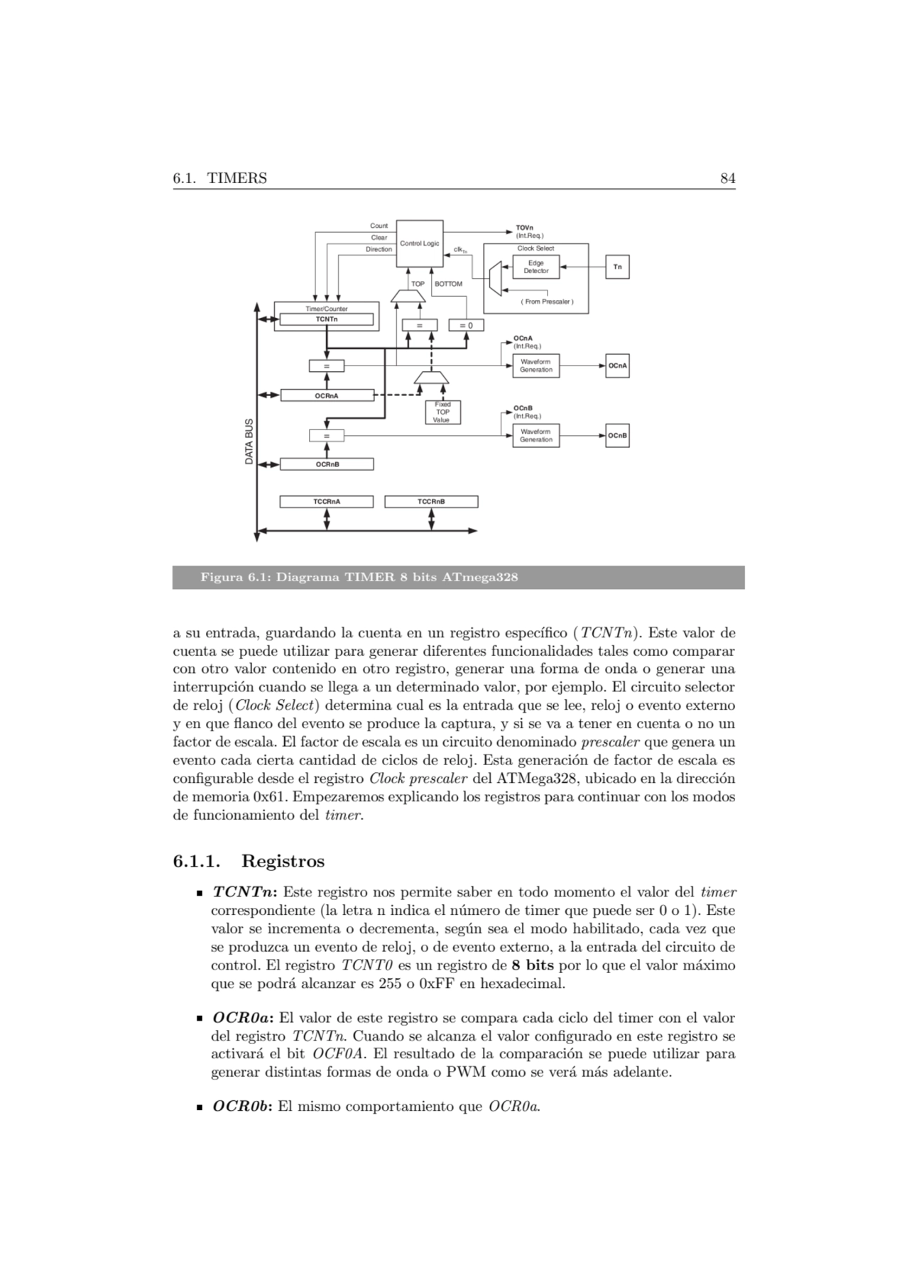 6.1. TIMERS 84
Figura 6.1: Diagrama TIMER 8 bits ATmega328
a su entrada, guardando la cuenta en u…