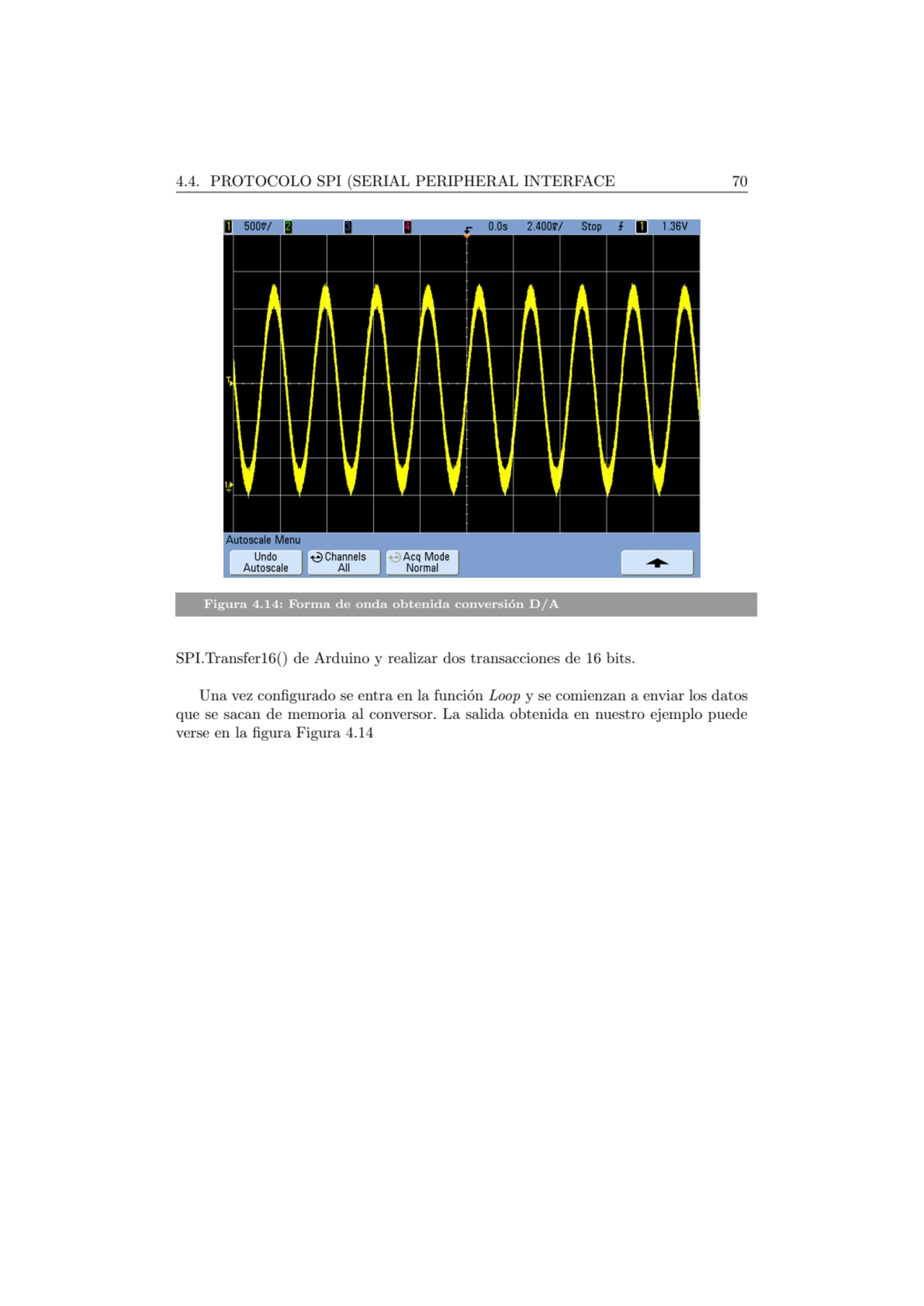 4.4. PROTOCOLO SPI (SERIAL PERIPHERAL INTERFACE 70
Figura 4.14: Forma de onda obtenida conversi´on…