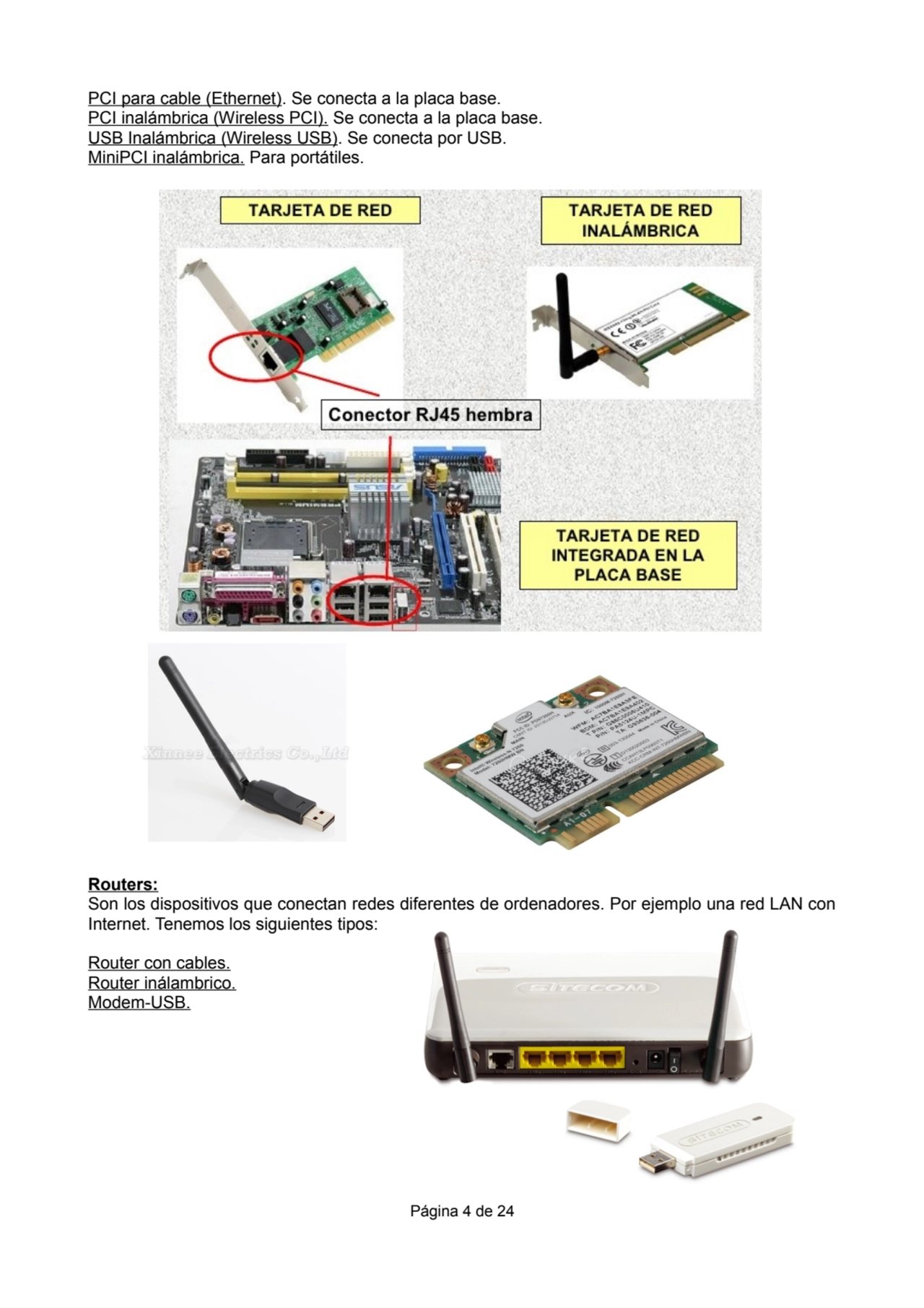 PCI para cable (Ethernet). Se conecta a la placa base.
PCI inalámbrica (Wireless PCI). Se conecta …