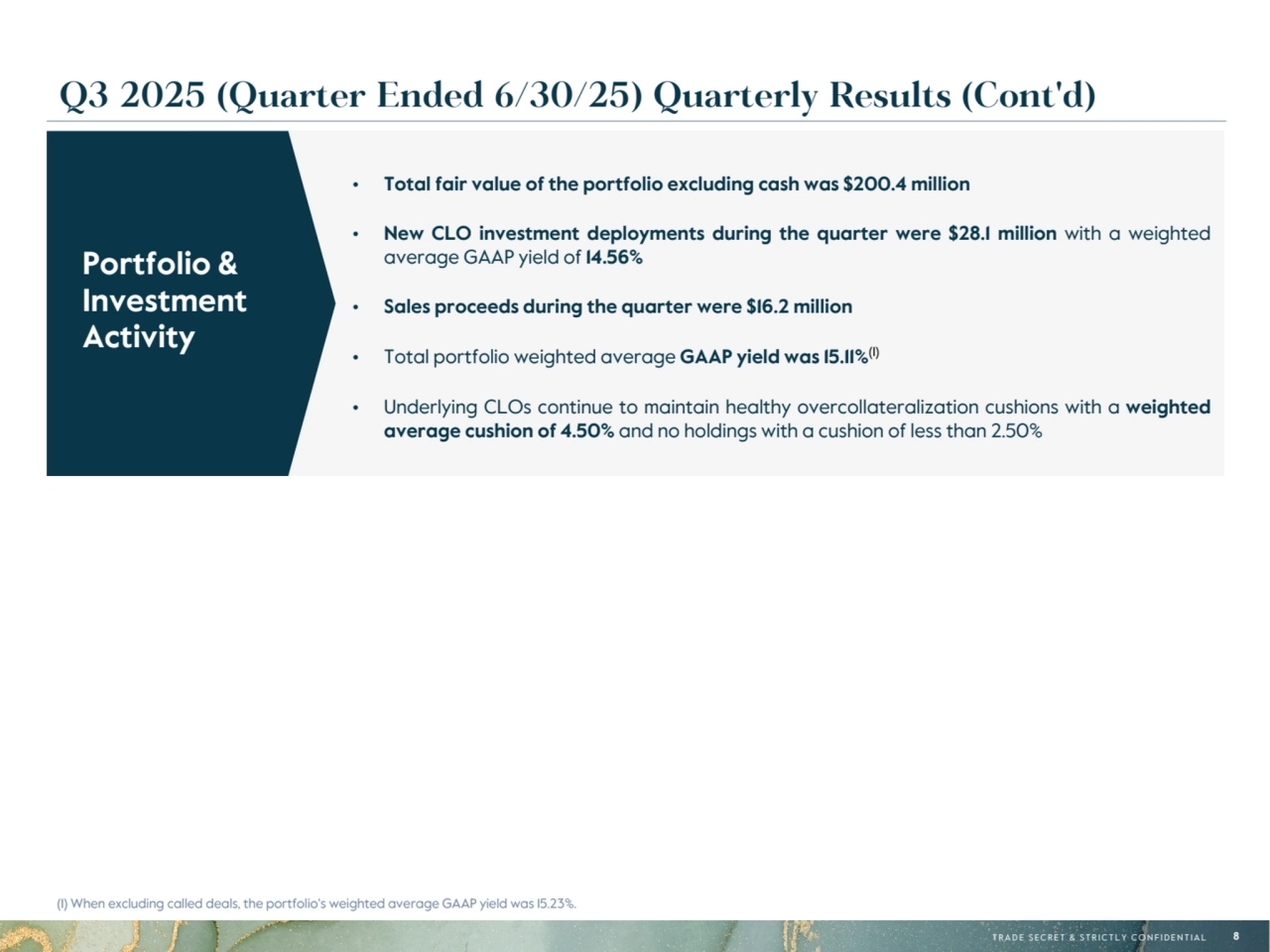 T R A D E S E C R E T & S T R I C T L Y C O N F I D E N T I A L 8
Q3 2025 (Quarter Ended 6/30/25) Quarterly Results (Cont'd)
• Total fair value of the portfolio excluding cash was $200.4 million
• New CLO investment deployments during the quarter were $28.1  million with a weighted 
average GAAP yield of 14.56%
• Sales proceeds during the quarter were $16.2 million
• Total portfolio weighted average GAAP yield was 15.11%(1)
• Underlying CLOs continue to maintain healthy overcollateralization cushions with a weighted 
average cushion of 4.50% and no holdings with a cushion of less than 2.50%
Portfolio & 
Investment 
Activity
(1) When excluding called deals, the portfolio's weighted average GAAP yield was 15.23%.