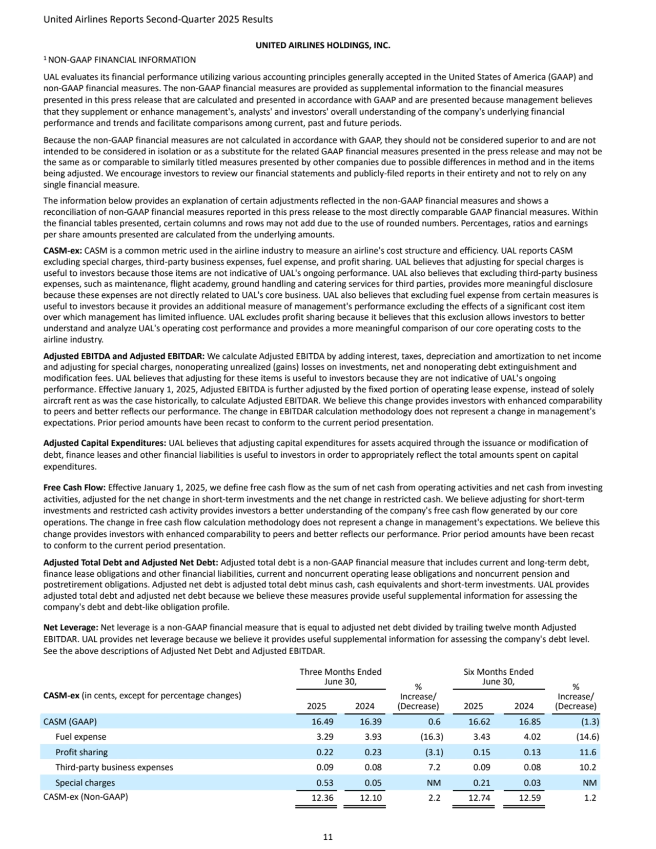 United Airlines Reports Second-Quarter 2025 Results 
11
UNITED AIRLINES HOLDINGS, INC.
1 NON-GAAP FINANCIAL INFORMATION 
UAL evaluates its financial performance utilizing various accounting principles generally accepted in the United States of America (GAAP) and 
non-GAAP financial measures. The non-GAAP financial measures are provided as supplemental information to the financial measures 
presented in this press release that are calculated and presented in accordance with GAAP and are presented because management believes 
that they supplement or enhance management's, analysts' and investors' overall understanding of the company's underlying financial 
performance and trends and facilitate comparisons among current, past and future periods. 
Because the non-GAAP financial measures are not calculated in accordance with GAAP, they should not be considered superior to and are not 
intended to be considered in isolation or as a substitute for the related GAAP financial measures presented in the press release and may not be 
the same as or comparable to similarly titled measures presented by other companies due to possible differences in method and in the items 
being adjusted. We encourage investors to review our financial statements and publicly-filed reports in their entirety and not to rely on any 
single financial measure.
The information below provides an explanation of certain adjustments reflected in the non-GAAP financial measures and shows a 
reconciliation of non-GAAP financial measures reported in this press release to the most directly comparable GAAP financial measures. Within 
the financial tables presented, certain columns and rows may not add due to the use of rounded numbers. Percentages, ratios and earnings 
per share amounts presented are calculated from the underlying amounts.
CASM-ex: CASM is a common metric used in the airline industry to measure an airline's cost structure and efficiency. UAL reports CASM 
excluding special charges, third-party business expenses, fuel expense, and profit sharing. UAL believes that adjusting for special charges is 
useful to investors because those items are not indicative of UAL's ongoing performance. UAL also believes that excluding third-party business 
expenses, such as maintenance, flight academy, ground handling and catering services for third parties, provides more meaningful disclosure 
because these expenses are not directly related to UAL's core business. UAL also believes that excluding fuel expense from certain measures is 
useful to investors because it provides an additional measure of management's performance excluding the effects of a significant cost item 
over which management has limited influence. UAL excludes profit sharing because it believes that this exclusion allows investors to better 
understand and analyze UAL's operating cost performance and provides a more meaningful comparison of our core operating costs to the 
airline industry.
Adjusted EBITDA and Adjusted EBITDAR: We calculate Adjusted EBITDA by adding interest, taxes, depreciation and amortization to net income 
and adjusting for special charges, nonoperating unrealized (gains) losses on investments, net and nonoperating debt extinguishment and 
modification fees. UAL believes that adjusting for these items is useful to investors because they are not indicative of UAL's ongoing 
performance. Effective January 1, 2025, Adjusted EBITDA is further adjusted by the fixed portion of operating lease expense, instead of solely 
aircraft rent as was the case historically, to calculate Adjusted EBITDAR. We believe this change provides investors with enhanced comparability 
to peers and better reflects our performance. The change in EBITDAR calculation methodology does not represent a change in management's 
expectations. Prior period amounts have been recast to conform to the current period presentation.
Adjusted Capital Expenditures: UAL believes that adjusting capital expenditures for assets acquired through the issuance or modification of 
debt, finance leases and other financial liabilities is useful to investors in order to appropriately reflect the total amounts spent on capital 
expenditures. 
Free Cash Flow: Effective January 1, 2025, we define free cash flow as the sum of net cash from operating activities and net cash from investing 
activities, adjusted for the net change in short-term investments and the net change in restricted cash. We believe adjusting for short-term 
investments and restricted cash activity provides investors a better understanding of the company's free cash flow generated by our core 
operations. The change in free cash flow calculation methodology does not represent a change in management's expectations. We believe this 
change provides investors with enhanced comparability to peers and better reflects our performance. Prior period amounts have been recast 
to conform to the current period presentation.
Adjusted Total Debt and Adjusted Net Debt: Adjusted total debt is a non-GAAP financial measure that includes current and long-term debt, 
finance lease obligations and other financial liabilities, current and noncurrent operating lease obligations and noncurrent pension and 
postretirement obligations. Adjusted net debt is adjusted total debt minus cash, cash equivalents and short-term investments. UAL provides 
adjusted total debt and adjusted net debt because we believe these measures provide useful supplemental information for assessing the 
company's debt and debt-like obligation profile.
Net Leverage: Net leverage is a non-GAAP financial measure that is equal to adjusted net debt divided by trailing twelve month Adjusted 
EBITDAR. UAL provides net leverage because we believe it provides useful supplemental information for assessing the company's debt level. 
See the above descriptions of Adjusted Net Debt and Adjusted EBITDAR. 
Three Months Ended 
June 30, %
Increase/
(Decrease)
Six Months Ended 
June 30, %
Increase/
(Decrease)
CASM-ex (in cents, except for percentage changes)
2025 2024 2025 2024
CASM (GAAP) 16.49 16.39 0.6 16.62 16.85 (1.3)
Fuel expense 3.29 3.93 (16.3) 3.43 4.02 (14.6)
Profit sharing 0.22 0.23 (3.1) 0.15 0.13 11.6
Third-party business expenses 0.09 0.08 7.2 0.09 0.08 10.2
Special charges 0.53 0.05 NM 0.21 0.03 NM
CASM-ex (Non-GAAP) 12.36 12.10 2.2 12.74 12.59 1.2