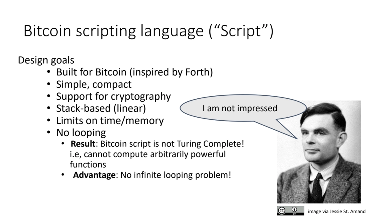 Bitcoin scripting language (“Script”)
Design goals
• Built for Bitcoin (inspired by Forth)
• Sim…