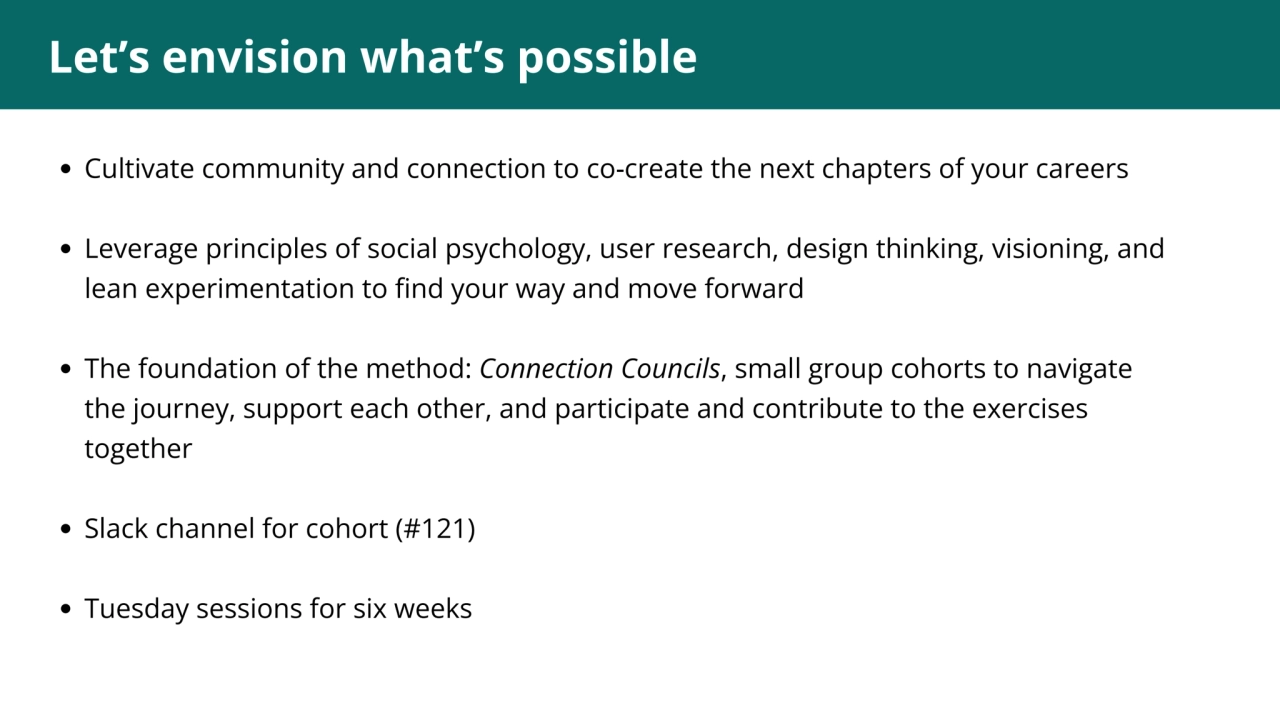 Let’s envision what’s possible
Cultivate community and connection to co-create the next chapters o…