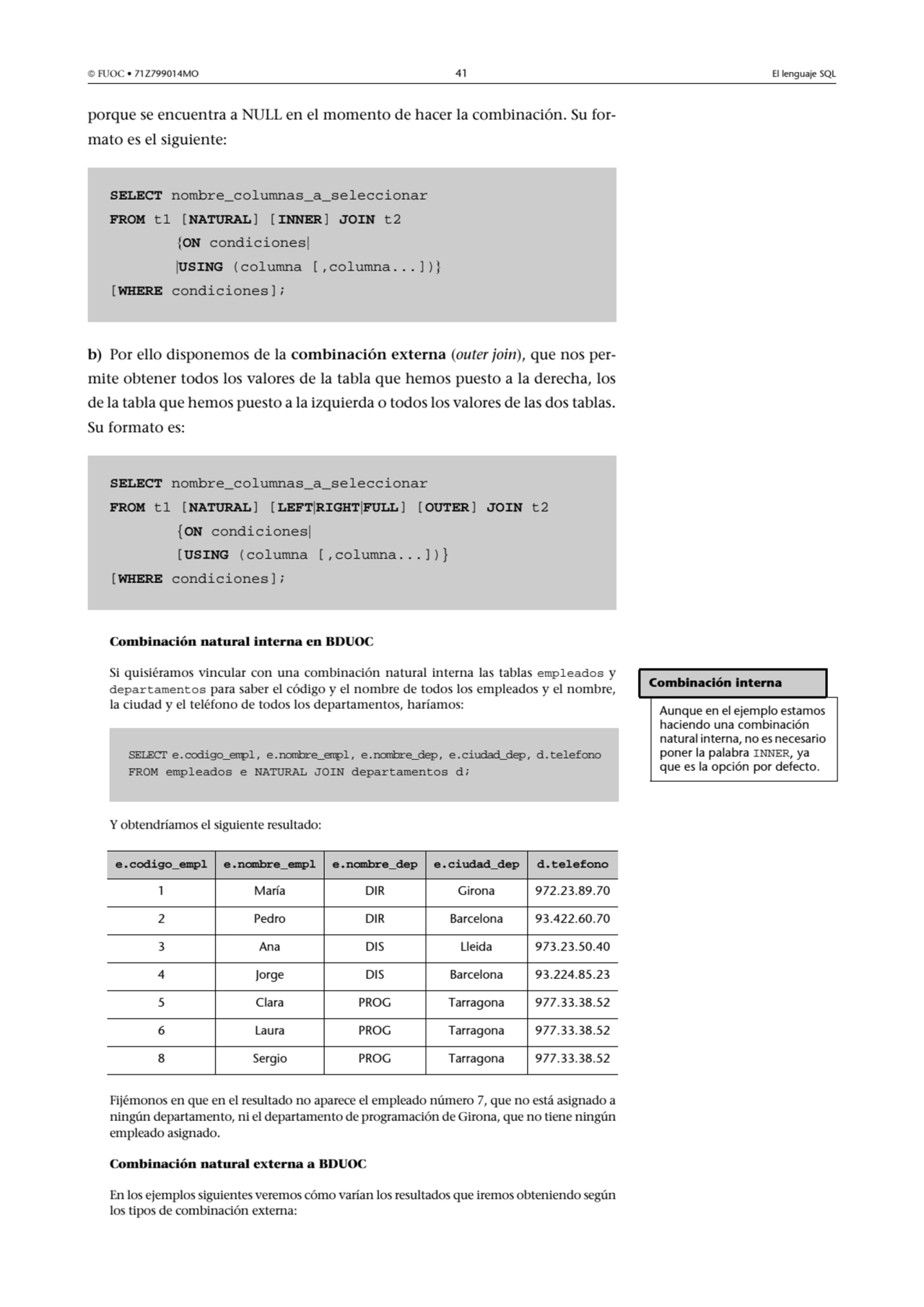  FUOC • 71Z799014MO 41 El lenguaje SQL
porque se encuentra a NULL en el momento de hacer la combi…