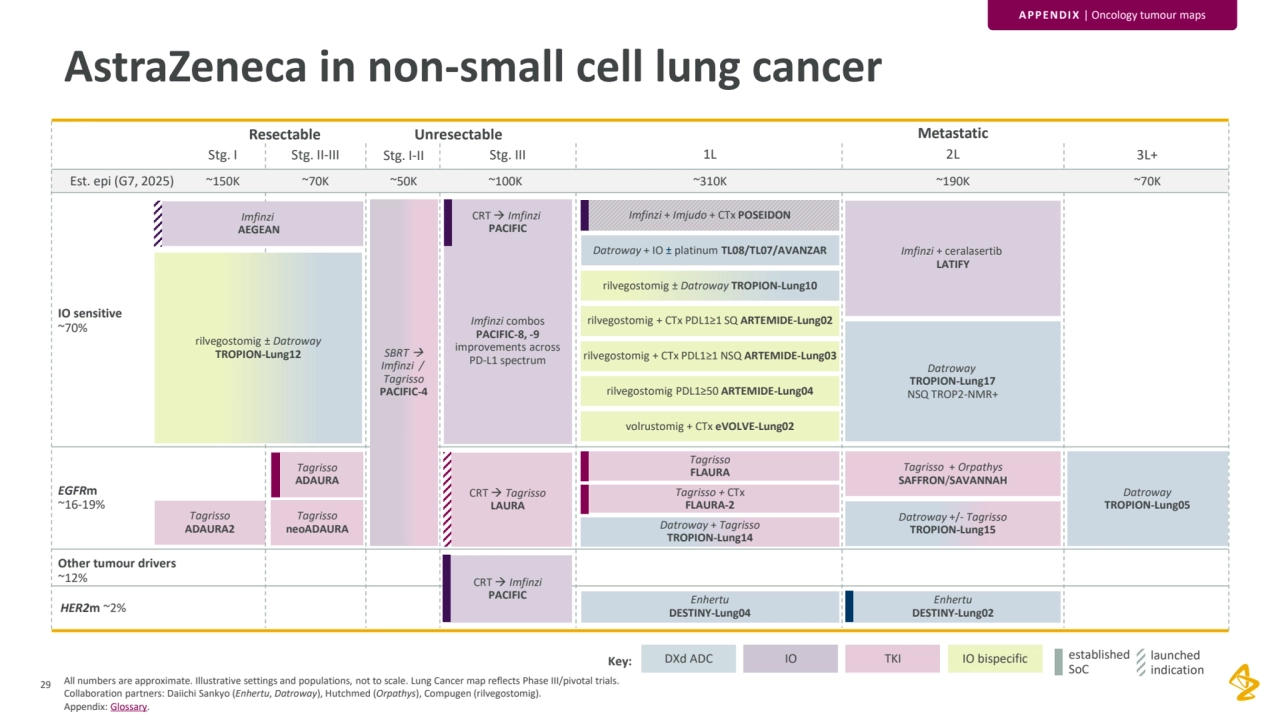 All numbers are approximate. Illustrative settings and populations, not to scale. Lung Cancer map reflects Phase III/pivotal trials. 
Collaboration partners: Daiichi Sankyo (Enhertu, Datroway), Hutchmed (Orpathys), Compugen (rilvegostomig). 
Appendix: Glossary.
29
Tagrisso
ADAURA
EGFRm
~16-19%
IO sensitive
~70% 
Stg. I
Metastatic
1L 2L
Est. epi (G7, 2025) ~150K ~310K ~190K
HER2m ~2% 
Other tumour drivers
~12% 
~50K ~100K
Stg. I-II Stg. III
Resectable Unresectable
Imfinzi 
AEGEAN
Tagrisso
neoADAURA
rilvegostomig ± Datroway
TROPION-Lung12 SBRT →
Imfinzi / 
Tagrisso
PACIFIC-4
Imfinzi combos 
PACIFIC-8, -9 
improvements across 
PD-L1 spectrum
CRT → Tagrisso
LAURA
CRT → Imfinzi 
PACIFIC
CRT → Imfinzi 
PACIFIC Enhertu
DESTINY-Lung04
Imfinzi + Imjudo + CTx POSEIDON
Tagrisso 
FLAURA
volrustomig + CTx eVOLVE-Lung02
rilvegostomig ± Datroway TROPION-Lung10
Tagrisso + CTx
FLAURA-2
Datroway + Tagrisso
TROPION-Lung14
Imfinzi + ceralasertib
LATIFY
Datroway +/- Tagrisso
TROPION-Lung15
Tagrisso + Orpathys
SAFFRON/SAVANNAH
Enhertu
DESTINY-Lung02
Stg. II-III
~70K
Tagrisso
ADAURA2
3L+
~70K
Datroway
TROPION-Lung05
rilvegostomig + CTx PDL1≥1 SQ ARTEMIDE-Lung02
rilvegostomig + CTx PDL1≥1 NSQ ARTEMIDE-Lung03
rilvegostomig PDL1≥50 ARTEMIDE-Lung04
AstraZeneca in non-small cell lung cancer
Datroway
TROPION-Lung17
NSQ TROP2-NMR+
established 
SoC
launched 
indication Key: DXd ADC IO TKI IO bispecific
Datroway + IO ± platinum TL08/TL07/AVANZAR
APPENDIX | Oncology tumour maps