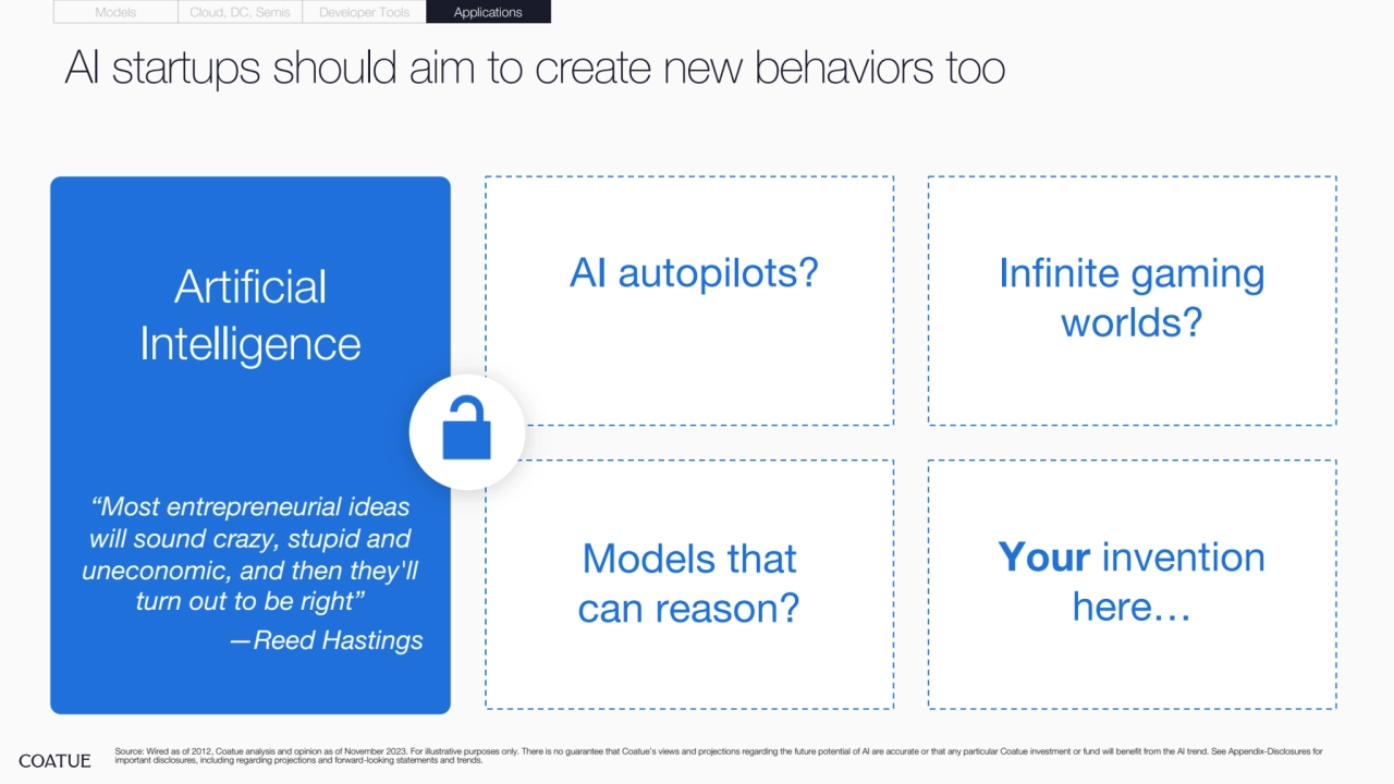AI startups should aim to create new behaviors too
Artificial 
Intelligence
“Most entrepreneurial ideas 
will sound crazy, stupid and 
uneconomic, and then they'll 
turn out to be right”
—Reed Hastings
Your invention 
here…
AI autopilots?
Models that 
can reason?
Infinite gaming 
worlds?
Source: Wired as of 2012, Coatue analysis and opinion as of November 2023. For illustrative purposes only. There is no guarantee that Coatue’s views and projections regarding the future potential of AI are accurate or that any particular Coatue investment or fund will benefit from the AI trend. See Appendix-Disclosures for 
important disclosures, including regarding projections and forward-looking statements and trends.
Models Cloud, DC, Semis Developer Tools Applications